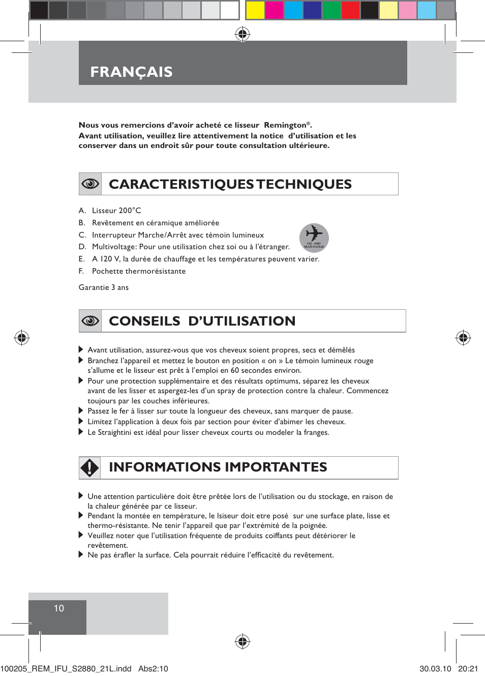 Français, Caracteristiques techniques, Conseils d’utilisation | Informations importantes | Remington S2880 User Manual | Page 12 / 69