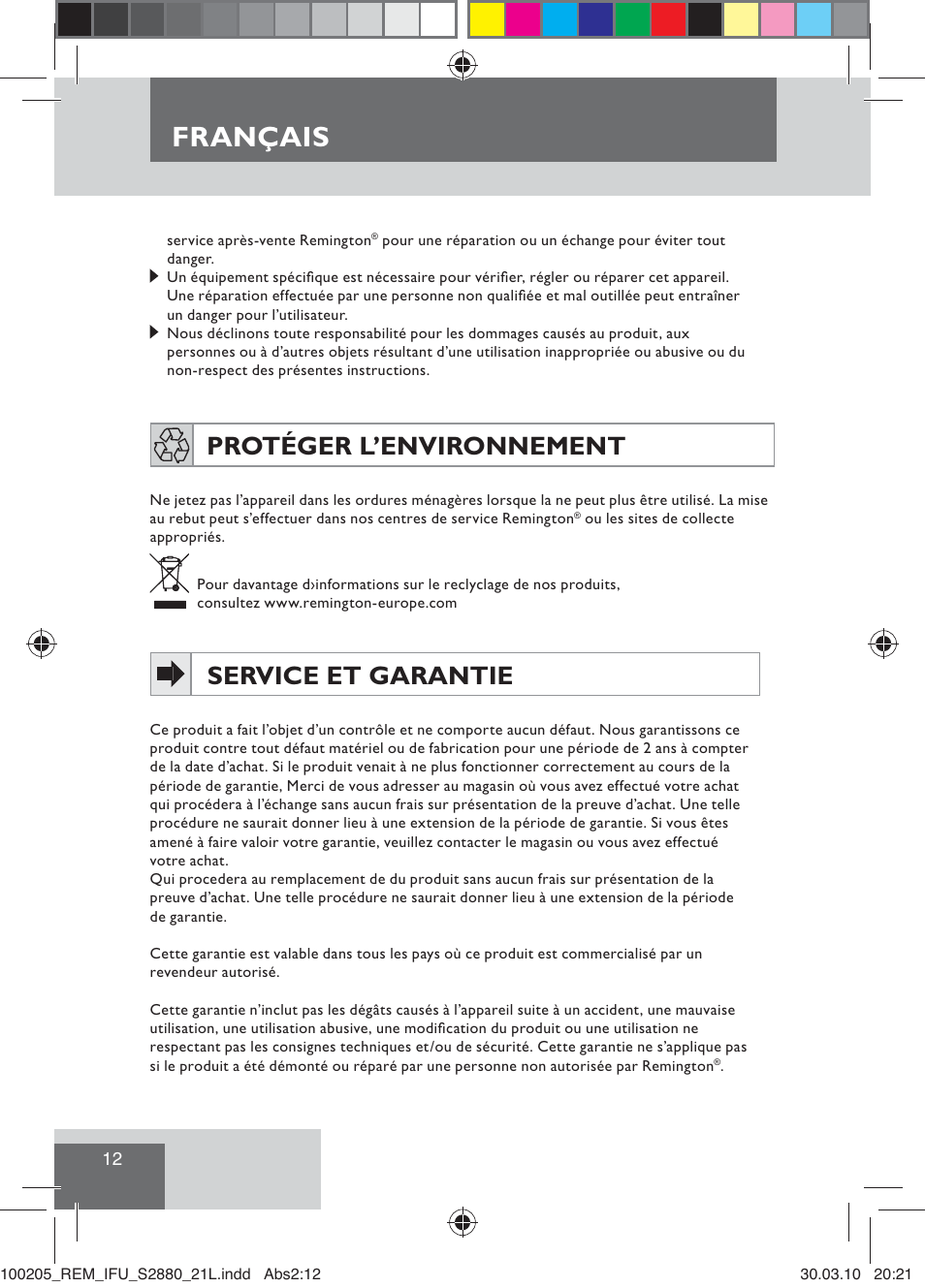 Français, Protéger l’environnement, Service et garantie | Remington S2880 User Manual | Page 14 / 69