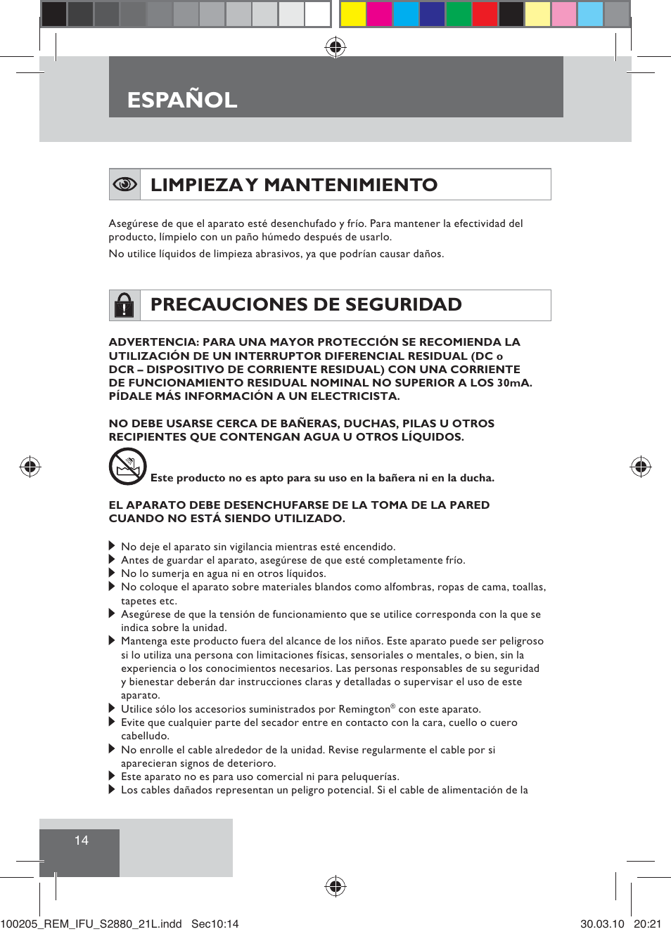 Español, Limpieza y mantenimiento, Precauciones de seguridad | Remington S2880 User Manual | Page 16 / 69
