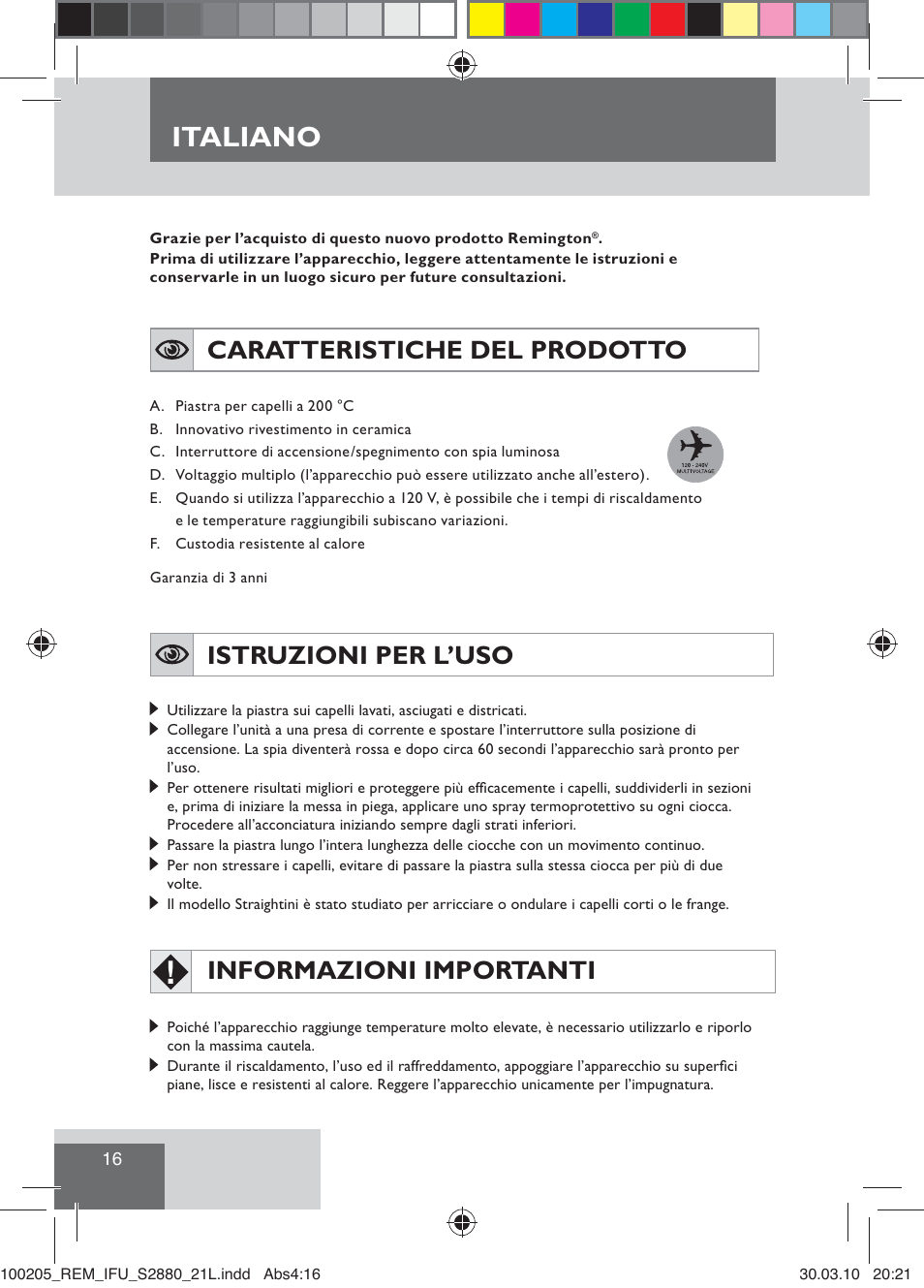 Italiano, Caratteristiche del prodotto, Istruzioni per l’uso | Informazioni importanti | Remington S2880 User Manual | Page 18 / 69