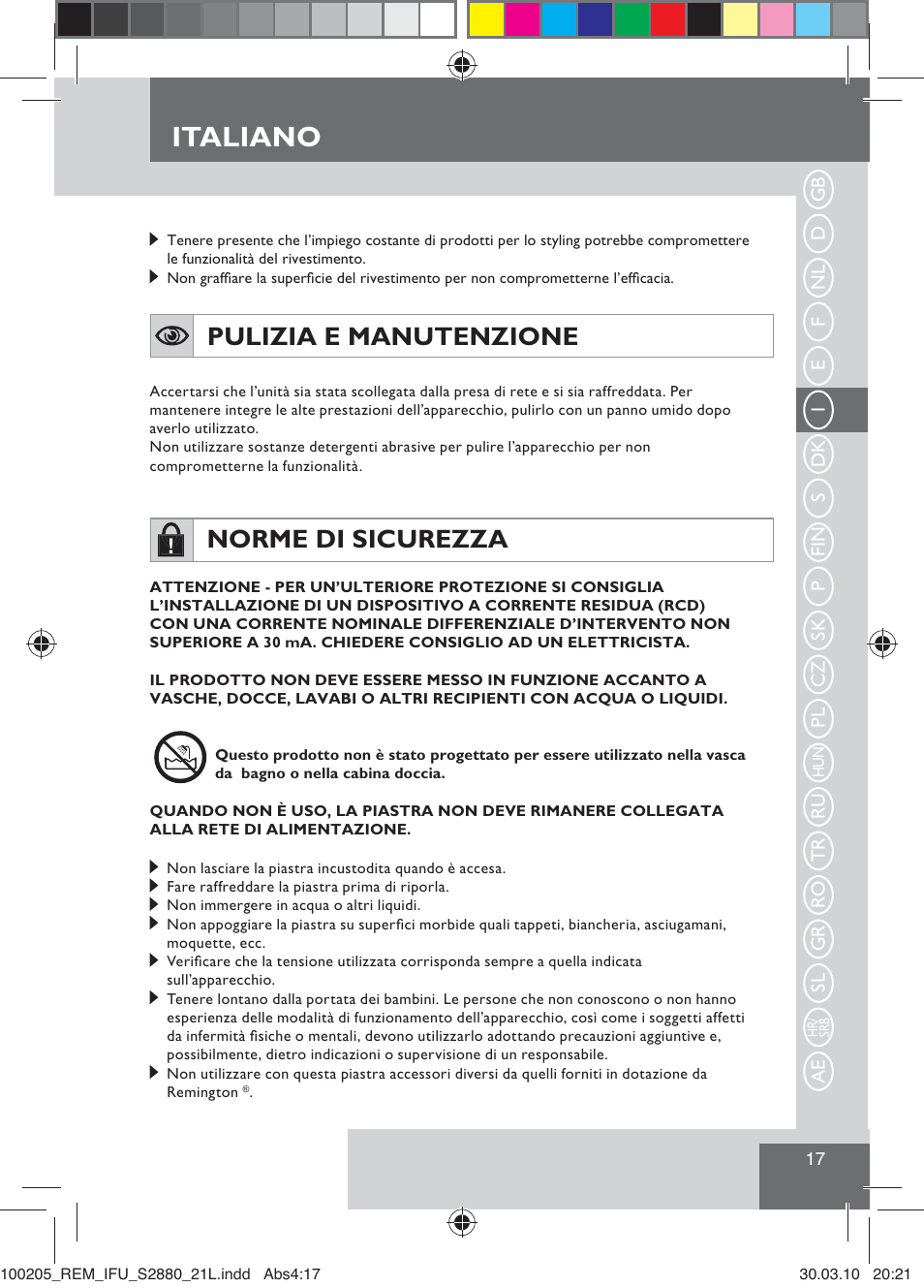 Italiano, Pulizia e manutenzione, Norme di sicurezza | Remington S2880 User Manual | Page 19 / 69