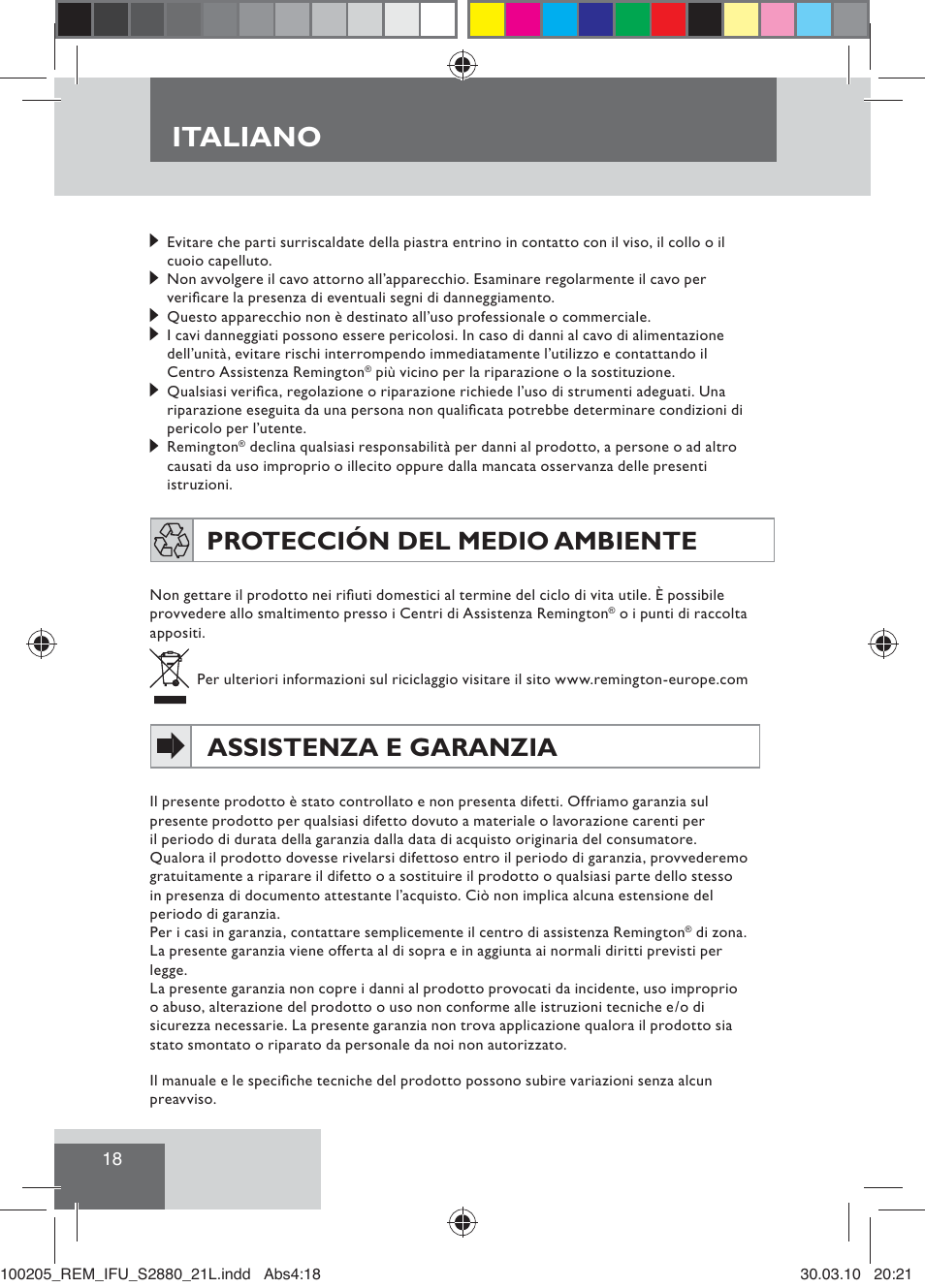 Italiano, Protección del medio ambiente, Assistenza e garanzia | Remington S2880 User Manual | Page 20 / 69