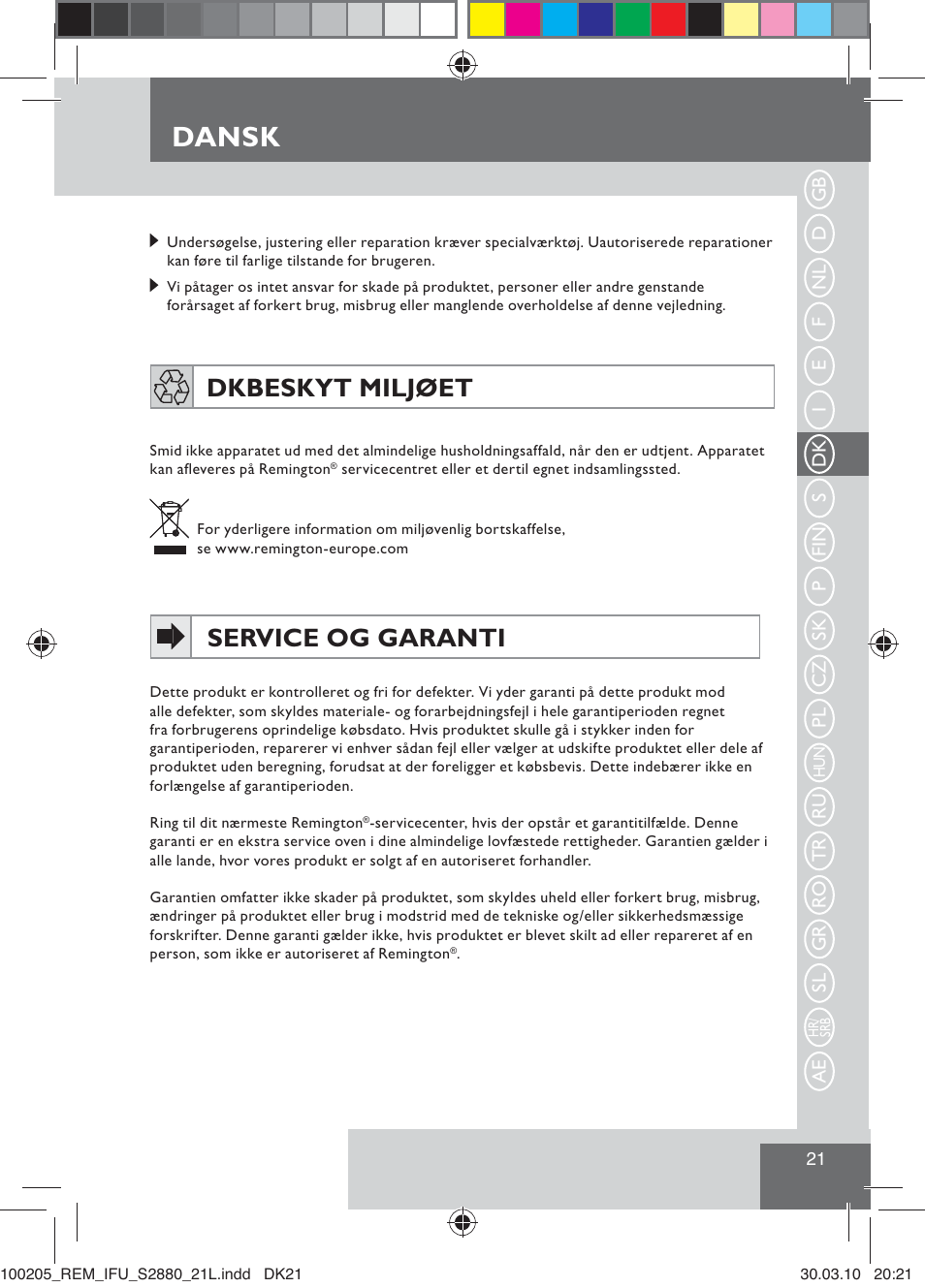 Dansk, Dk beskyt miljøet, Service og garanti | Remington S2880 User Manual | Page 23 / 69