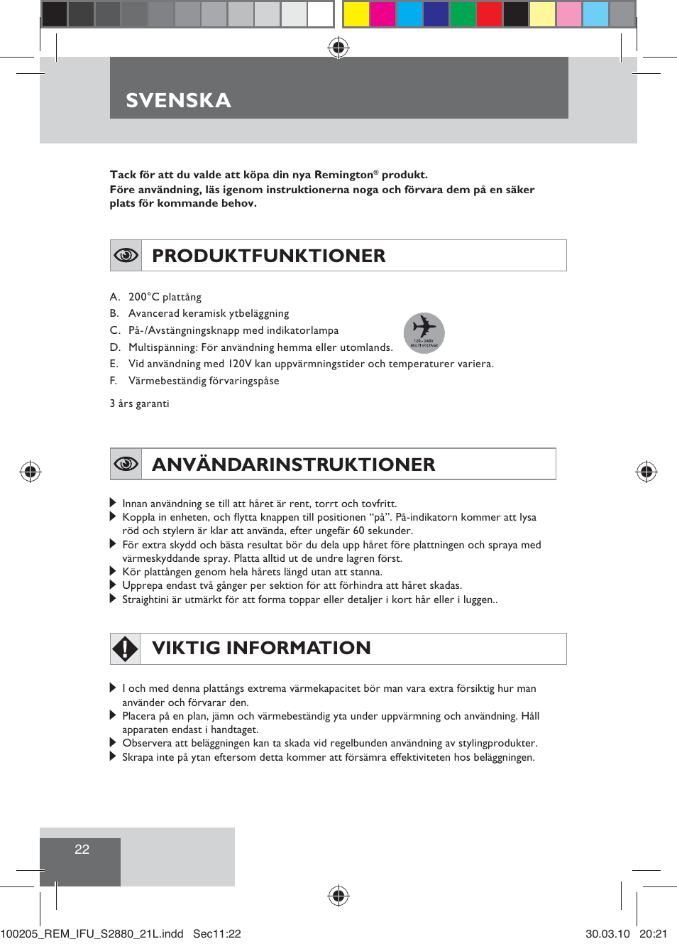 Svenska, Produktfunktioner, Användarinstruktioner | Viktig information | Remington S2880 User Manual | Page 24 / 69