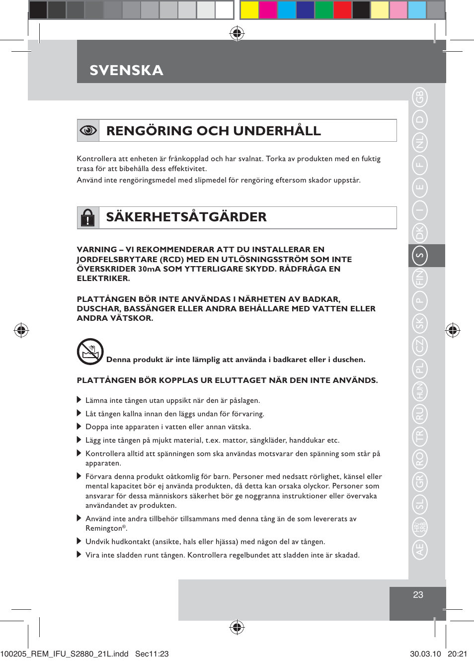 Svenska, Rengöring och underhåll, Säkerhetsåtgärder | Remington S2880 User Manual | Page 25 / 69