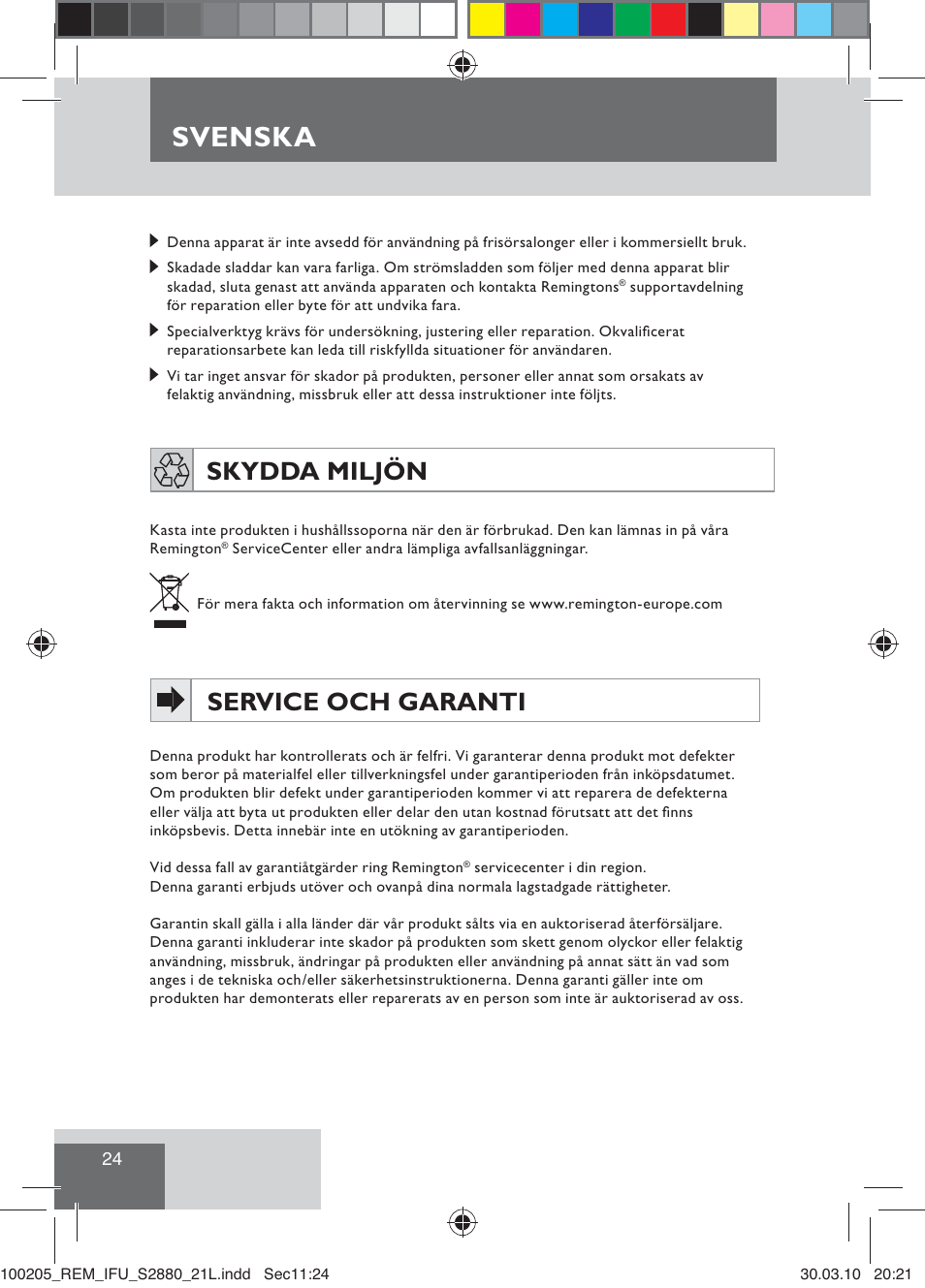 Svenska, Skydda miljön, Service och garanti | Remington S2880 User Manual | Page 26 / 69