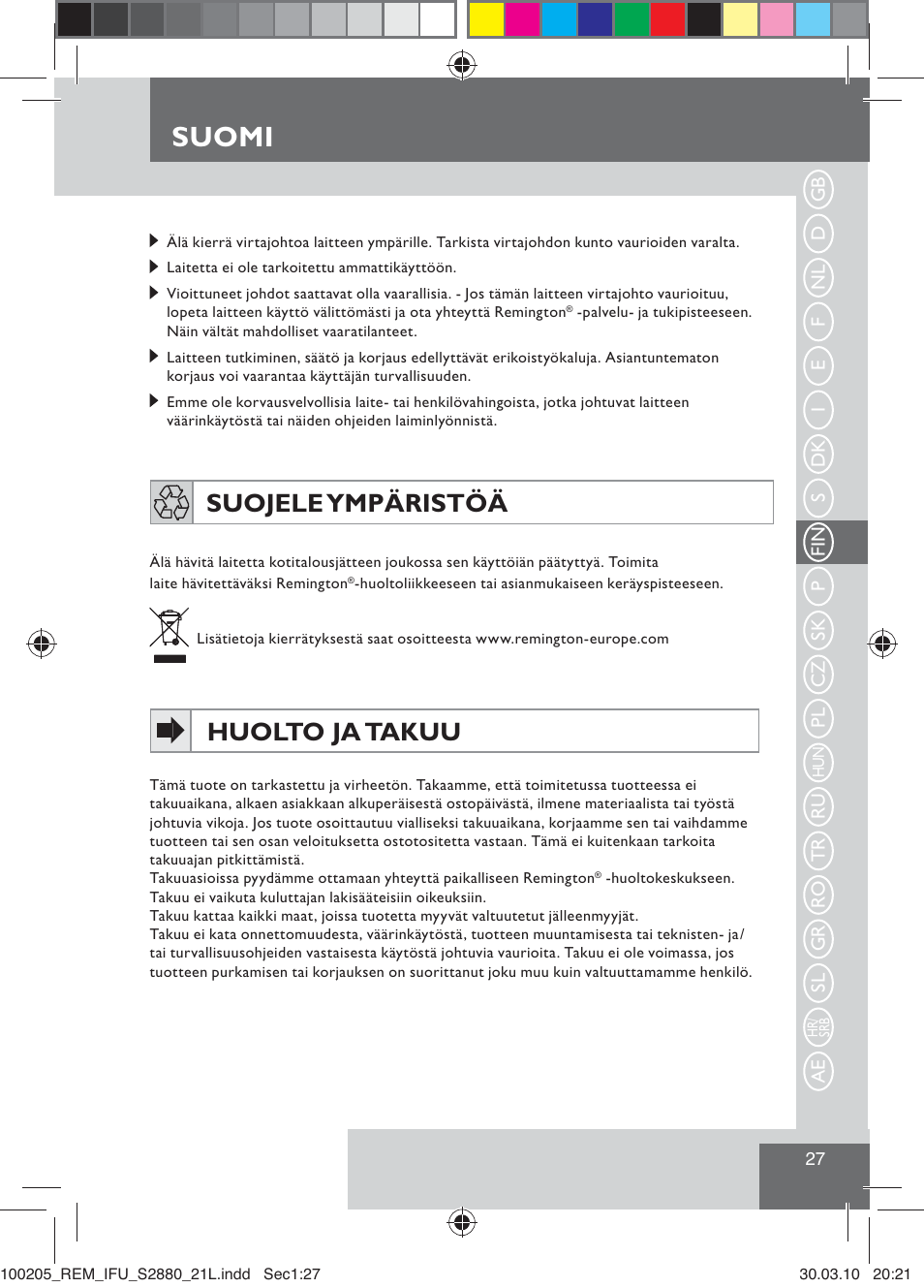 Suomi, Suojele ympäristöä, Huolto ja takuu | Remington S2880 User Manual | Page 29 / 69