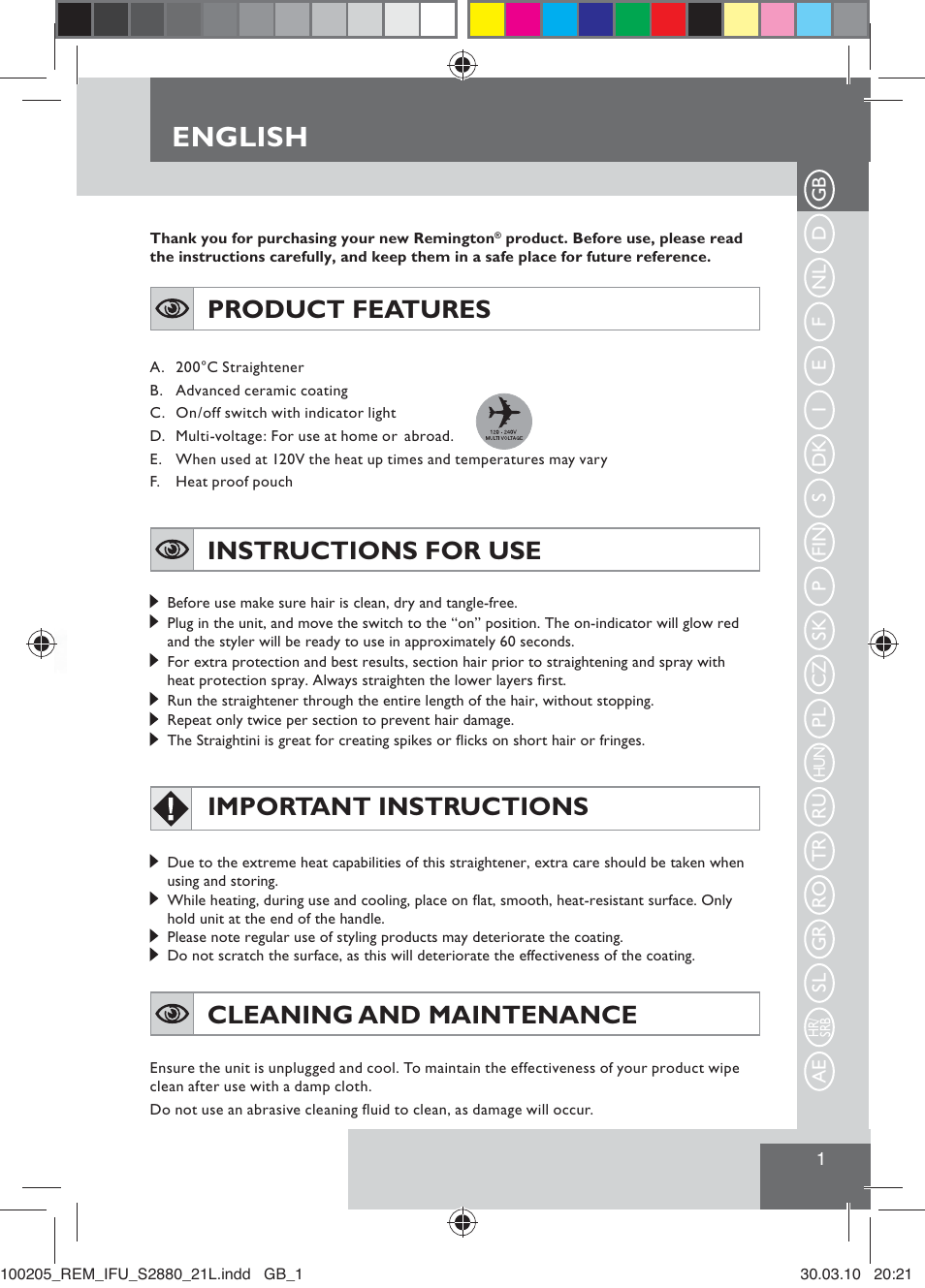 English, Product features, Instructions for use | Important instructions, Cleaning and maintenance | Remington S2880 User Manual | Page 3 / 69