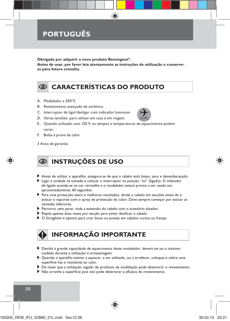 Português, Características do produto, Instruções de uso | Informação importante | Remington S2880 User Manual | Page 30 / 69