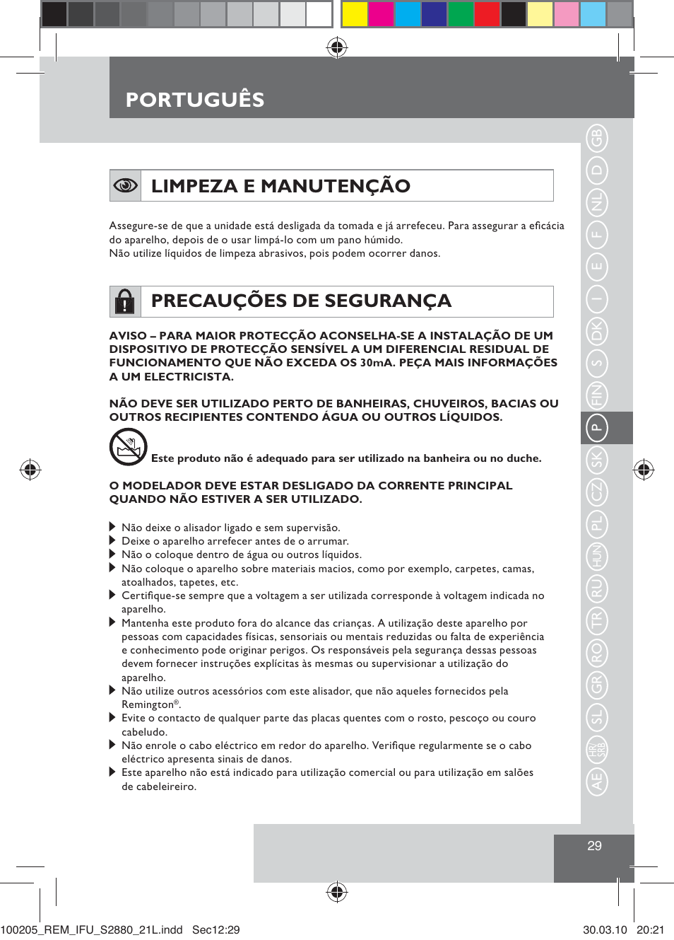 Português, Limpeza e manutenção, Precauções de segurança | Remington S2880 User Manual | Page 31 / 69