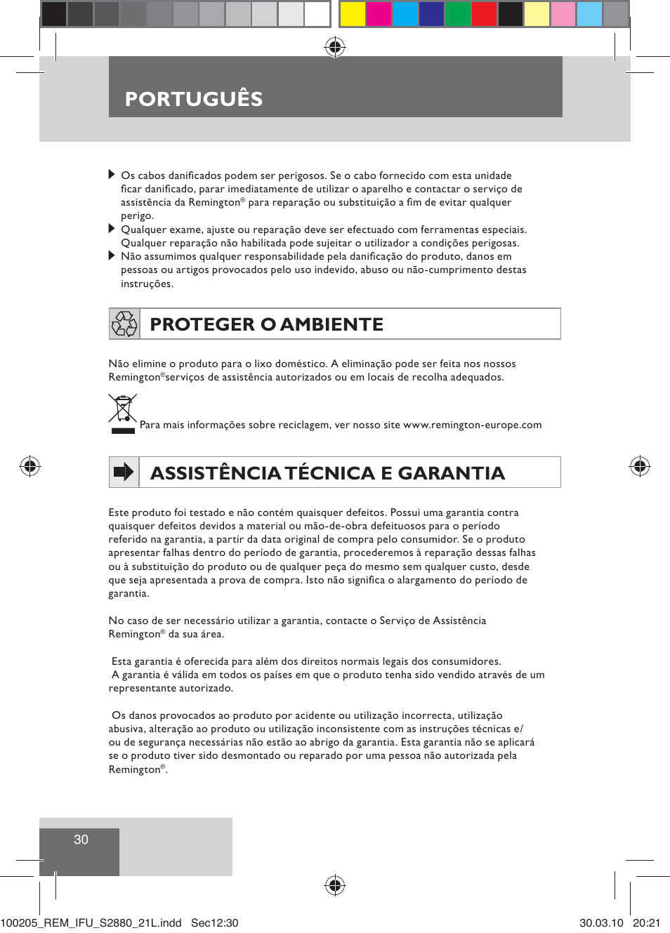 Português, Proteger o ambiente, Assistência técnica e garantia | Remington S2880 User Manual | Page 32 / 69