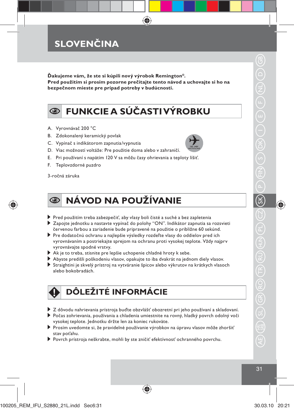Funkcie a súčasti výrobku, Návod na používanie, Slovenčina | Dôležité informácie | Remington S2880 User Manual | Page 33 / 69