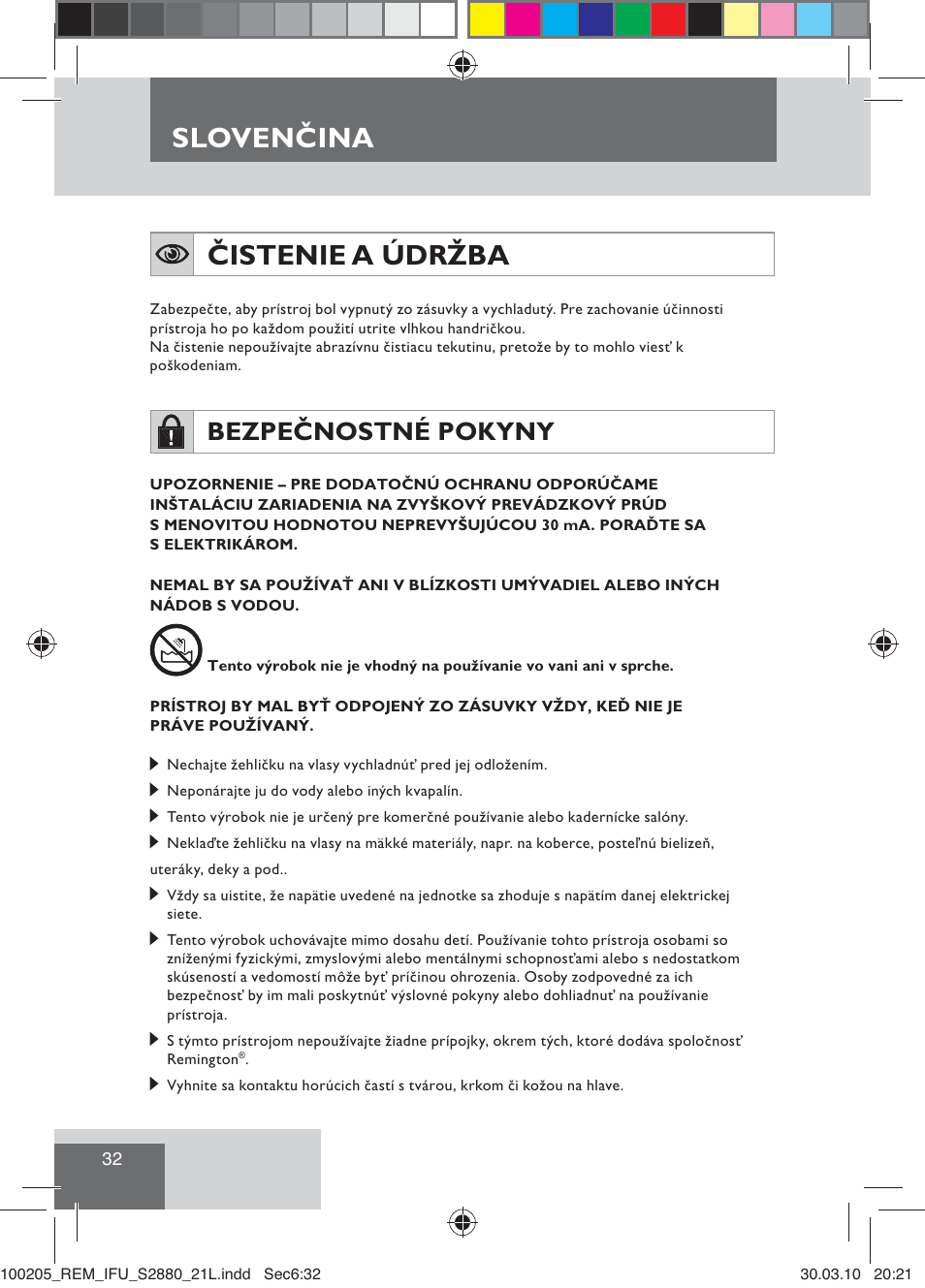 Čistenie a údržba, Slovenčina, Bezpečnostné pokyny | Remington S2880 User Manual | Page 34 / 69