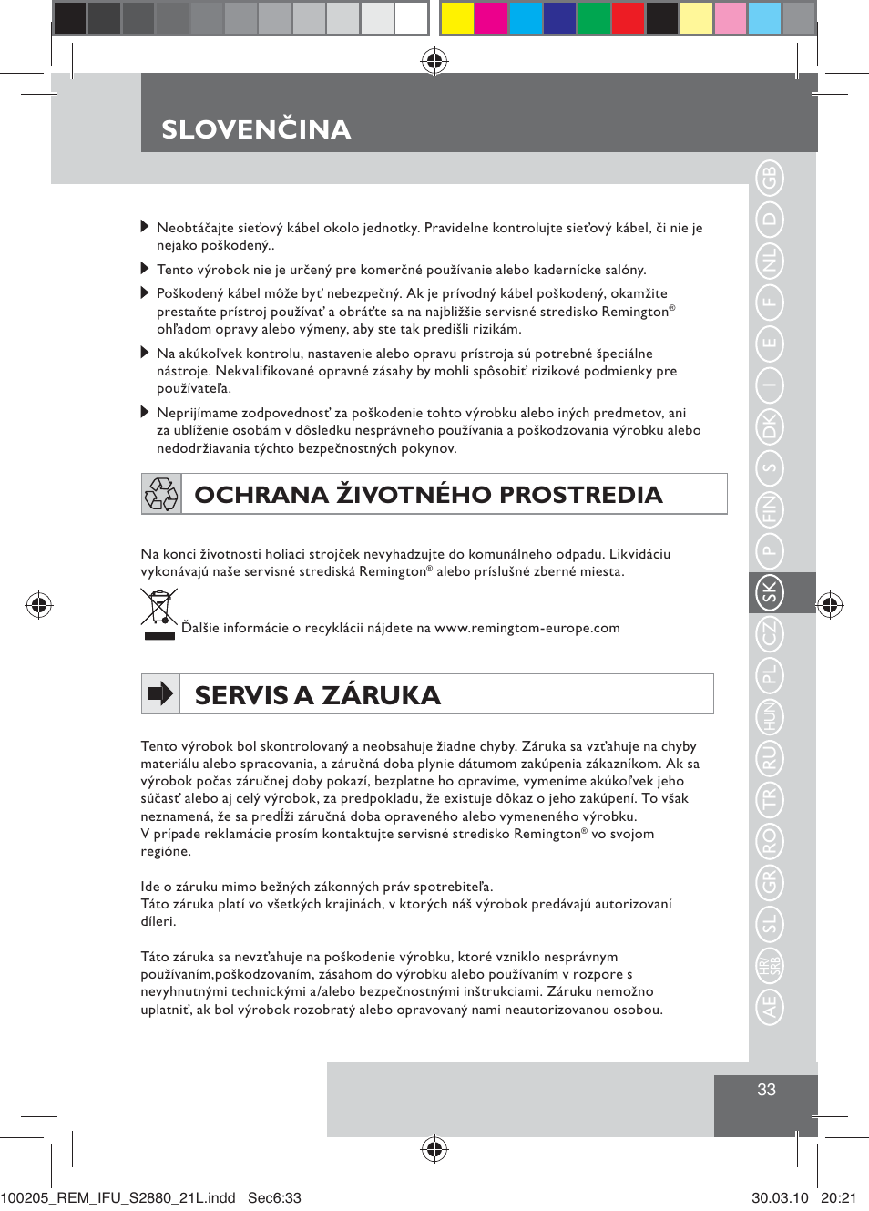 Servis a záruka, Slovenčina, Ochrana životného prostredia | Remington S2880 User Manual | Page 35 / 69