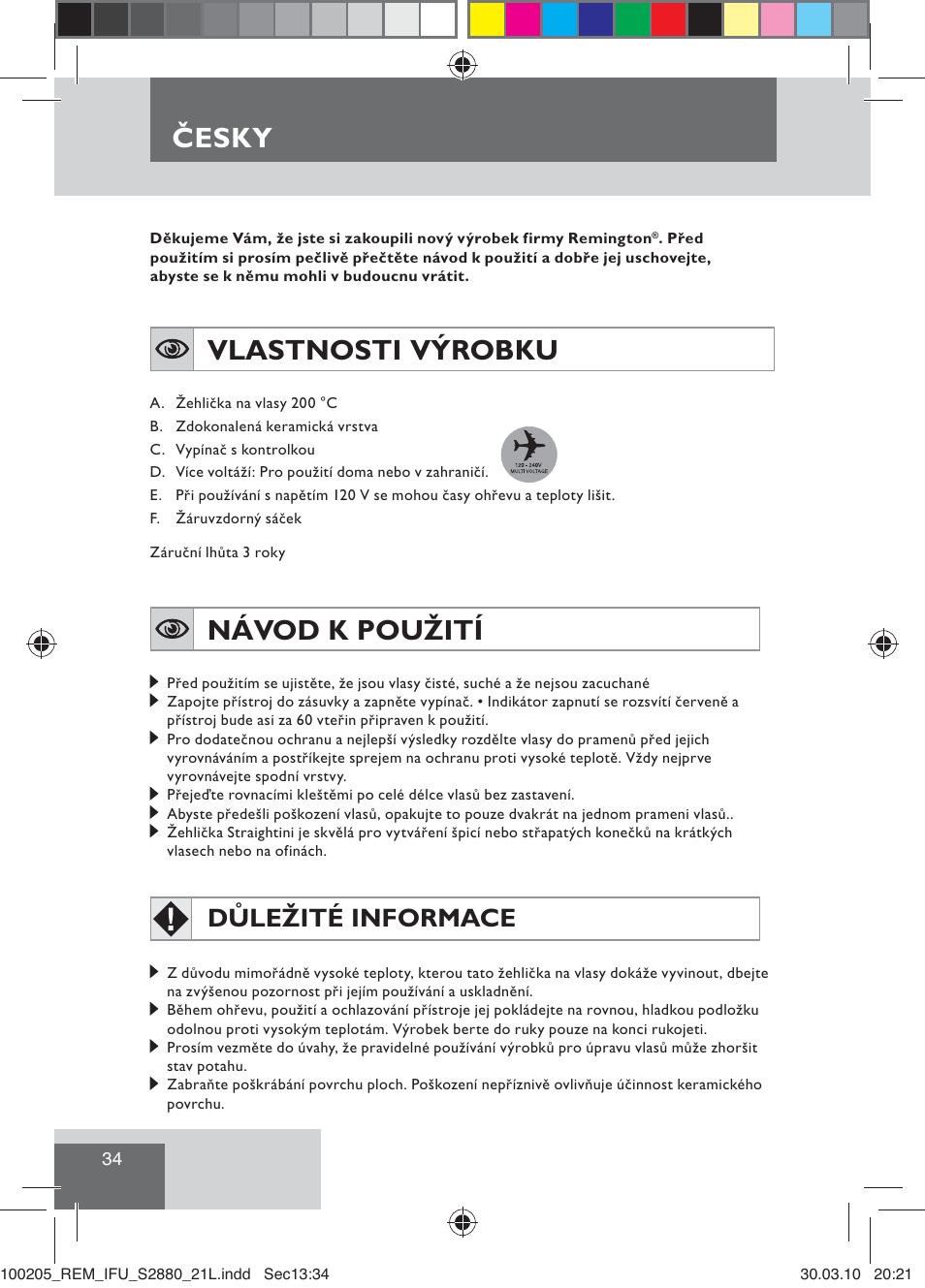 Vlastnosti výrobku, Návod k použití, Česky | Důležité informace | Remington S2880 User Manual | Page 36 / 69