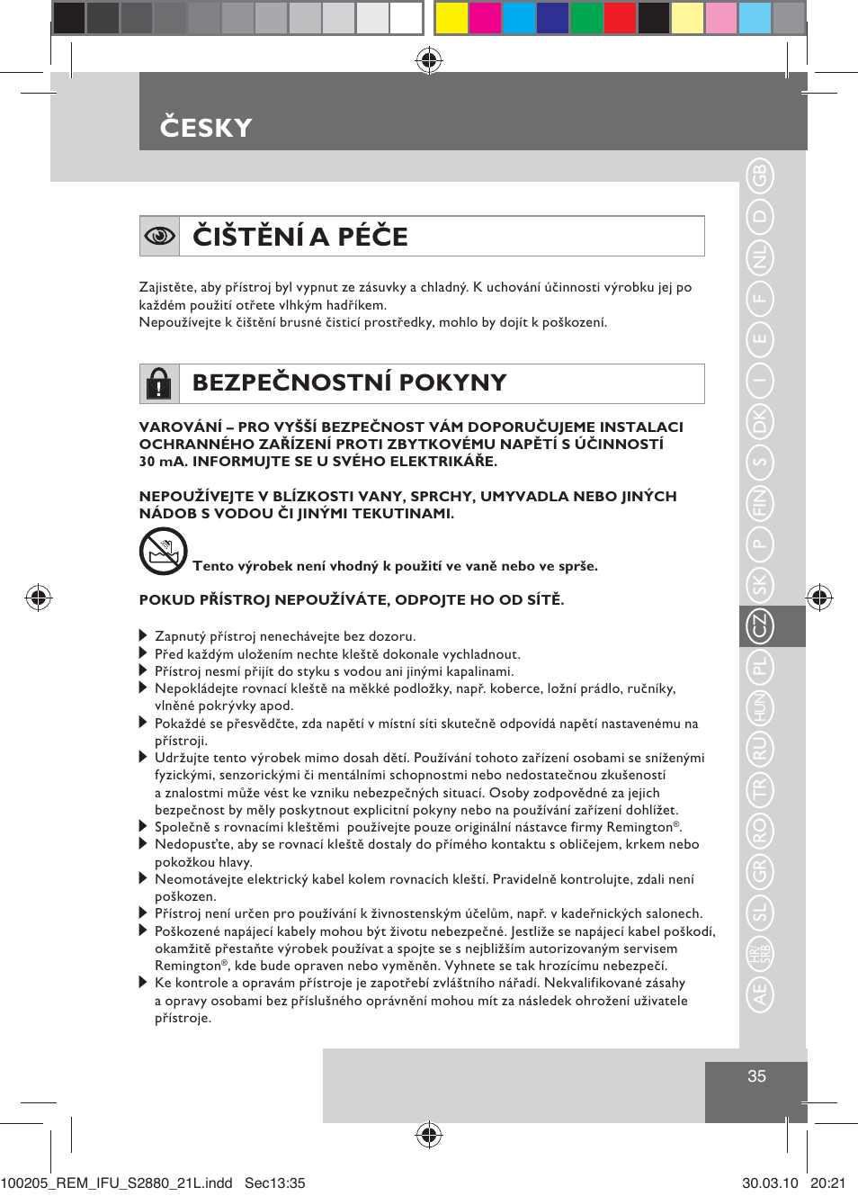 Čištění a péče, Česky, Bezpečnostní pokyny | Remington S2880 User Manual | Page 37 / 69