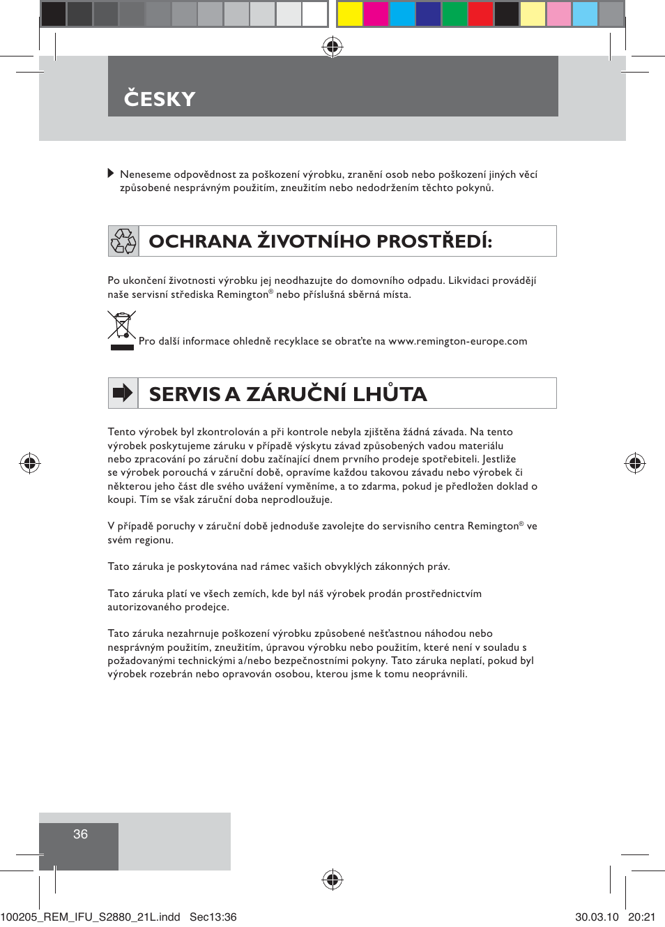 Servis a záruční lhůta, Česky, Ochrana životního prostředí | Remington S2880 User Manual | Page 38 / 69