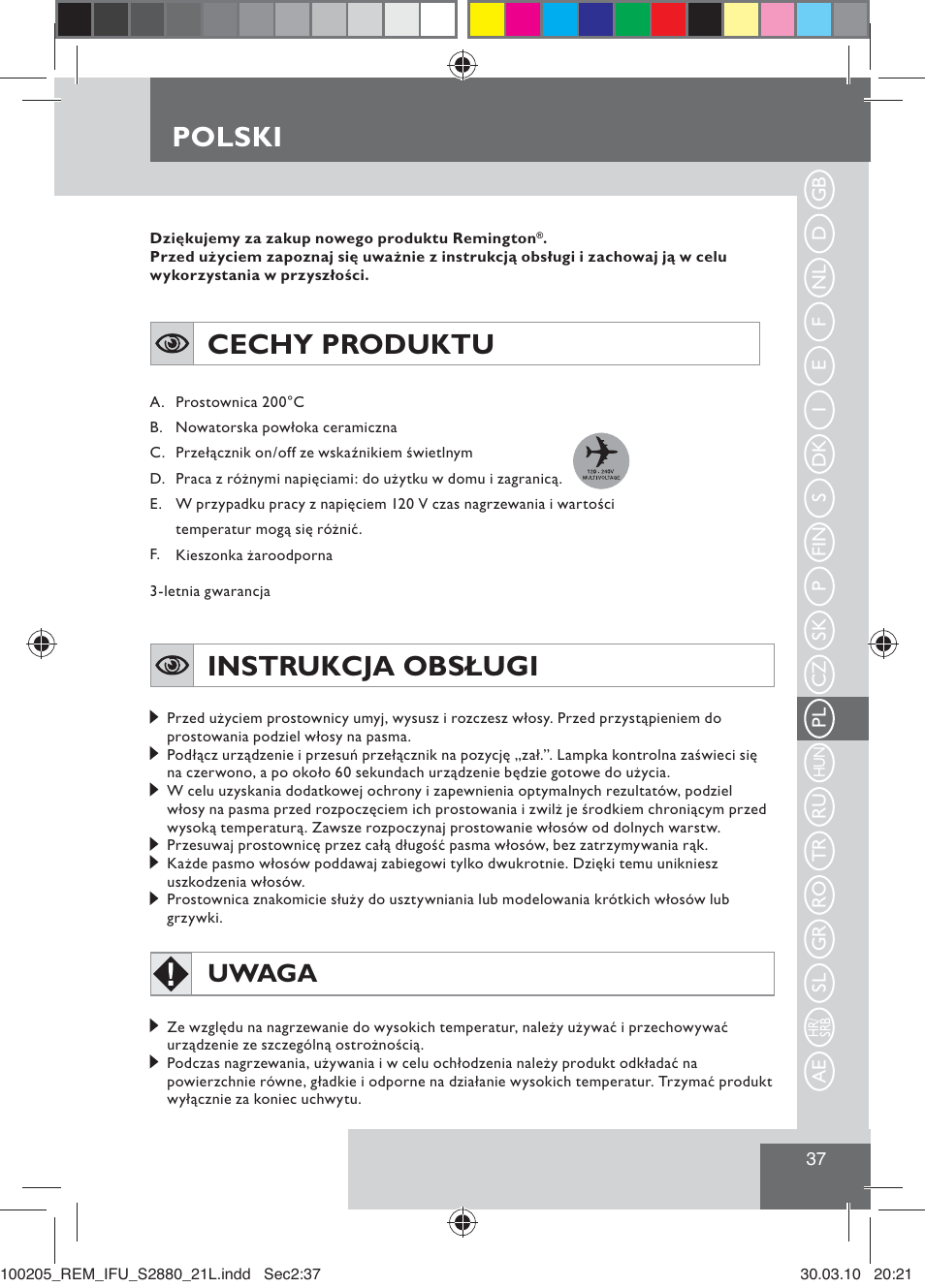 Cechy produktu, Instrukcja obsługi, Polski | Uwaga | Remington S2880 User Manual | Page 39 / 69