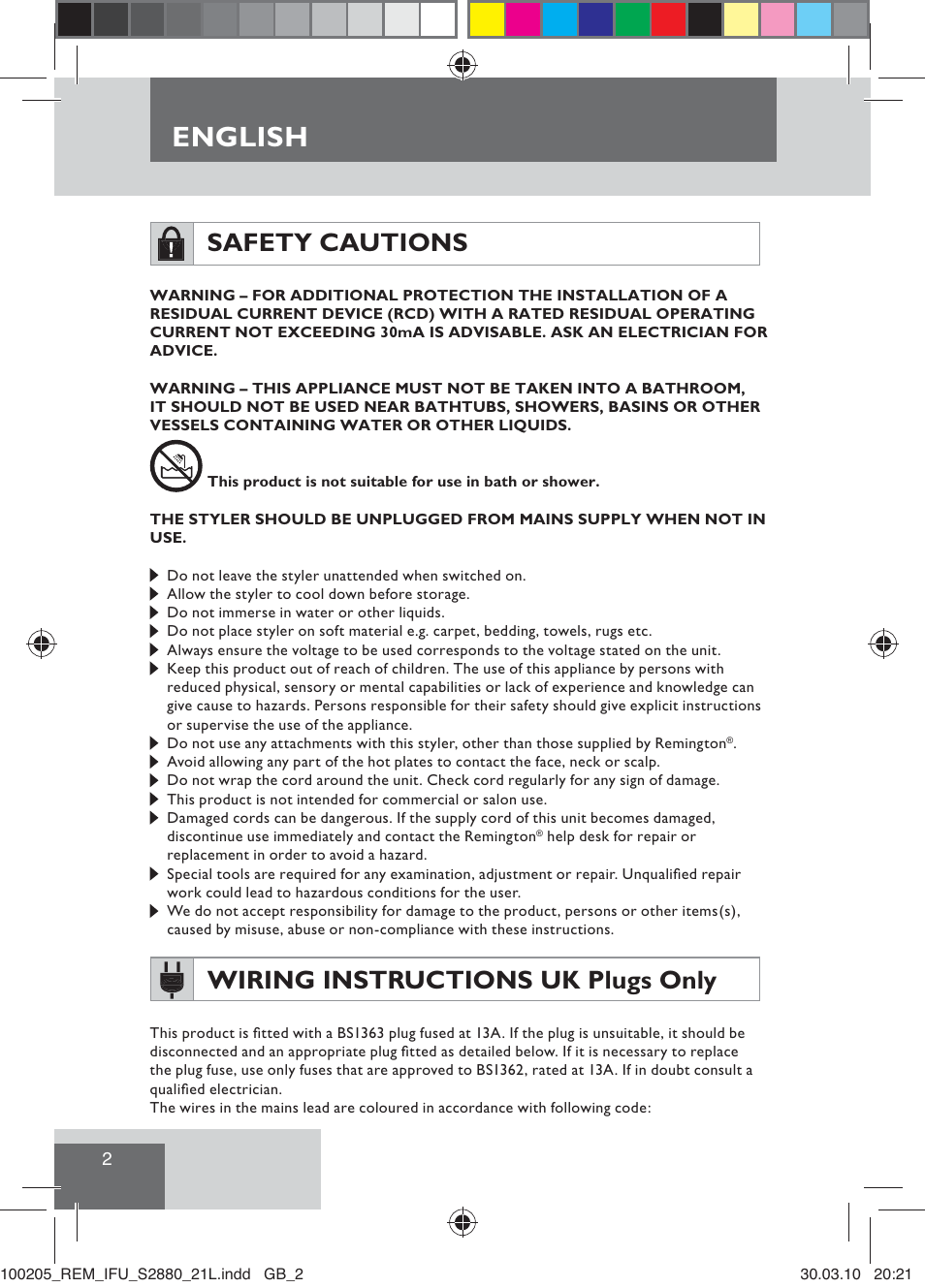 English, Safety cautions, Wiring instructions uk plugs only | Remington S2880 User Manual | Page 4 / 69