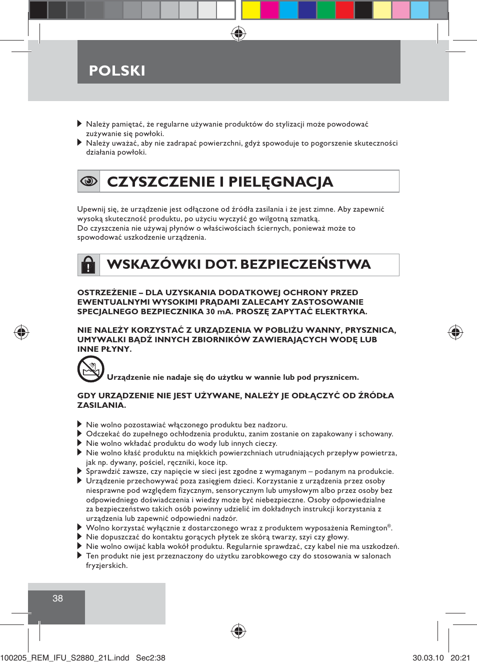 Polski, Czyszczenie i pielęgnacja, Wskazówki dot. bezpieczeństwa | Remington S2880 User Manual | Page 40 / 69