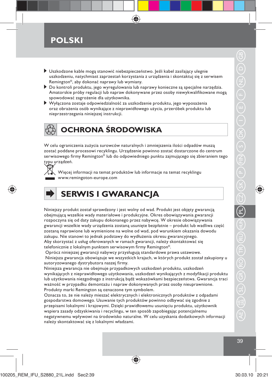 Serwis i gwarancja, Polski, Ochrona środowiska | Remington S2880 User Manual | Page 41 / 69