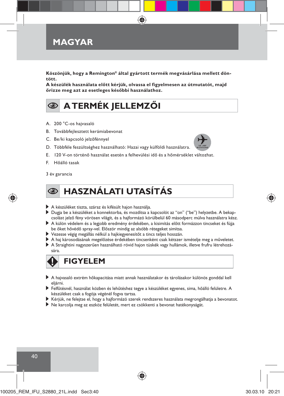 A termék jellemzői, Használati utasítás, Magyar | Figyelem | Remington S2880 User Manual | Page 42 / 69