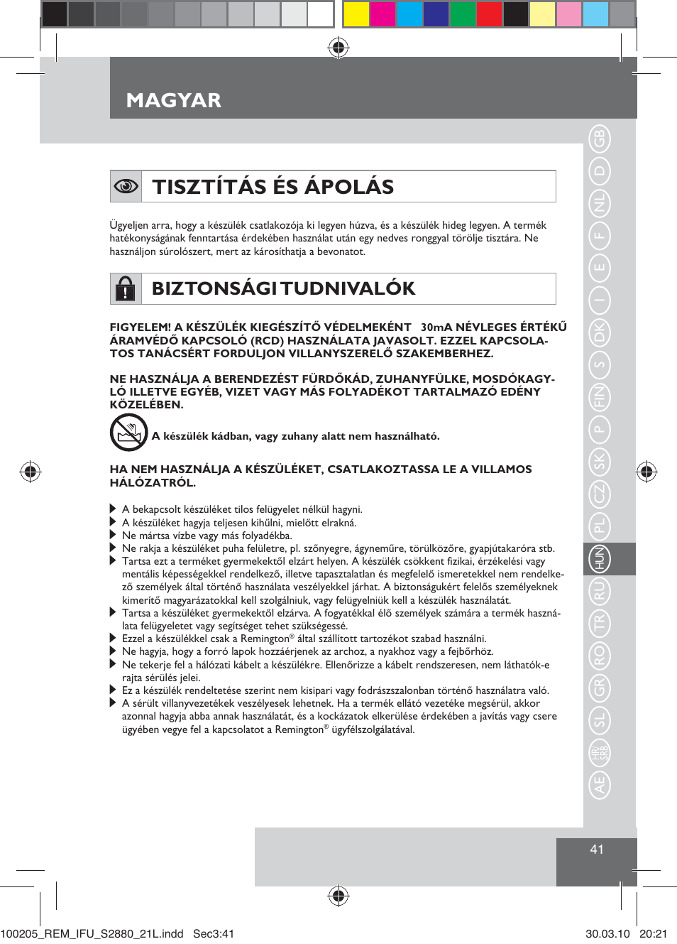 Tisztítás és ápolás, Magyar, Biztonsági tudnivalók | Remington S2880 User Manual | Page 43 / 69