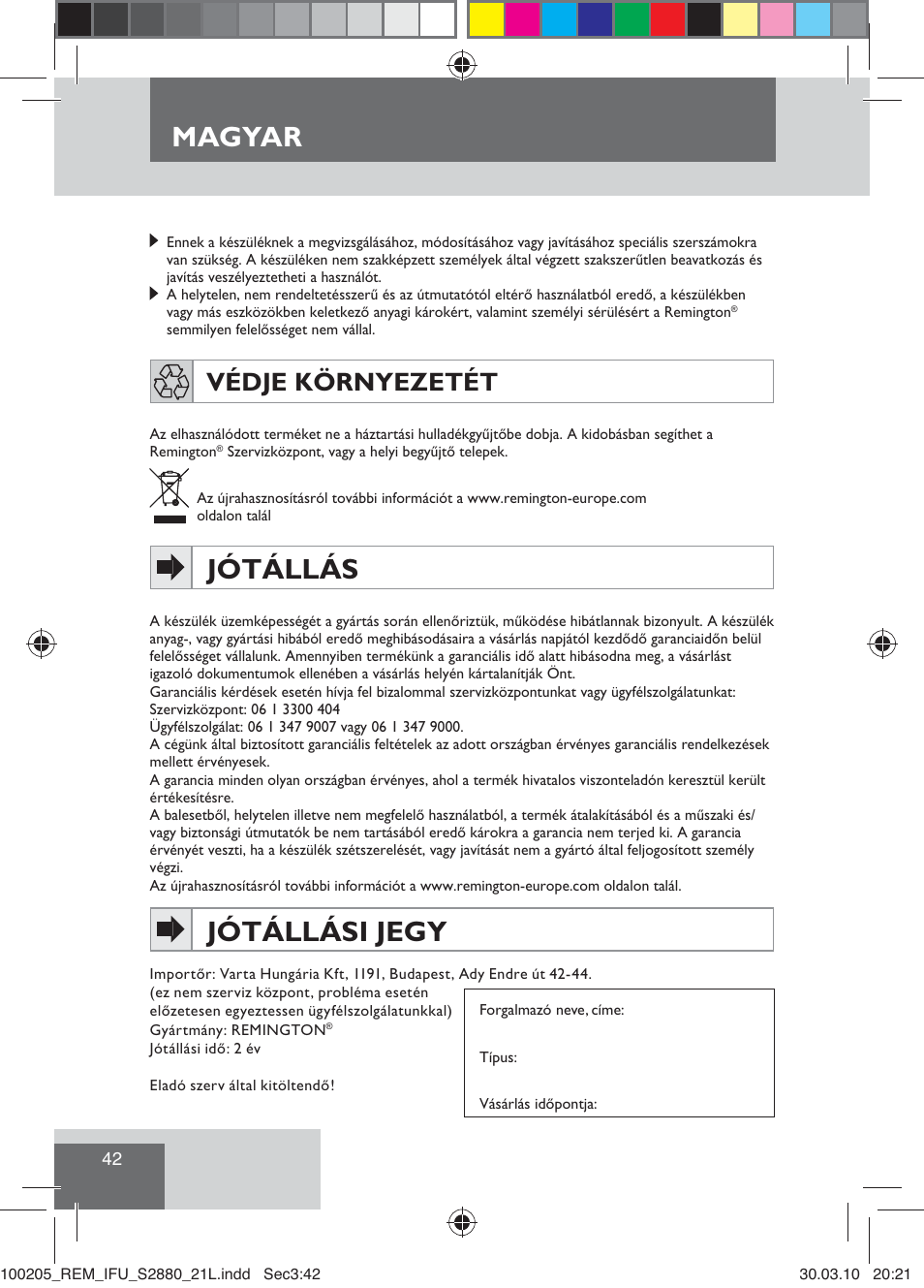 Magyar, Jótállás, Jótállási jegy | Védje környezetét | Remington S2880 User Manual | Page 44 / 69