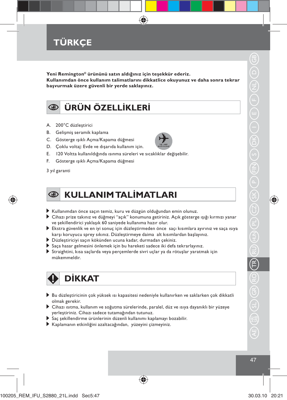 Kullanim talimatlari, Dikkat, Türkçe | Ürün özellikleri | Remington S2880 User Manual | Page 49 / 69