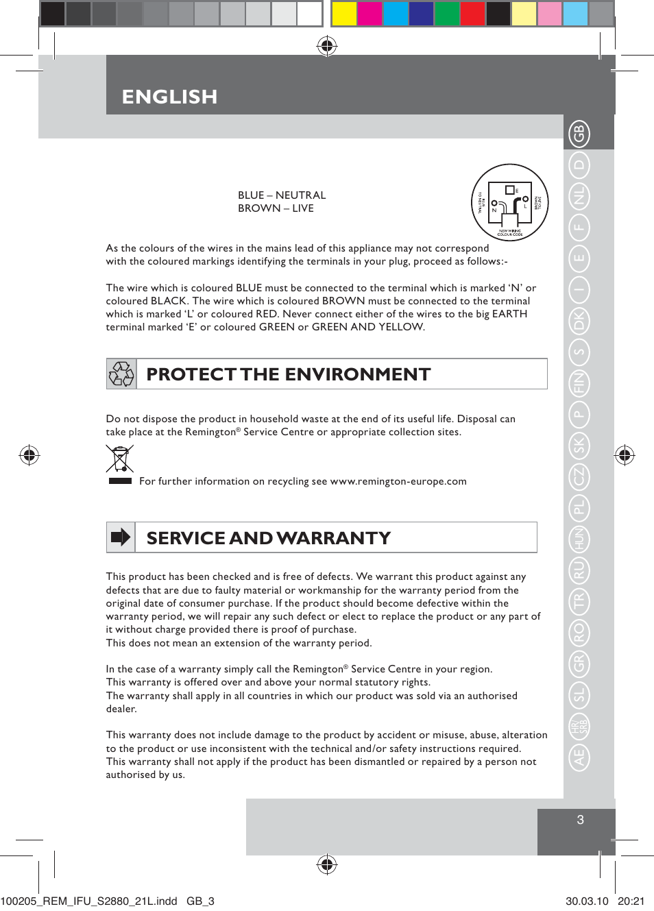 English, Protect the environment, Service and warranty | Remington S2880 User Manual | Page 5 / 69