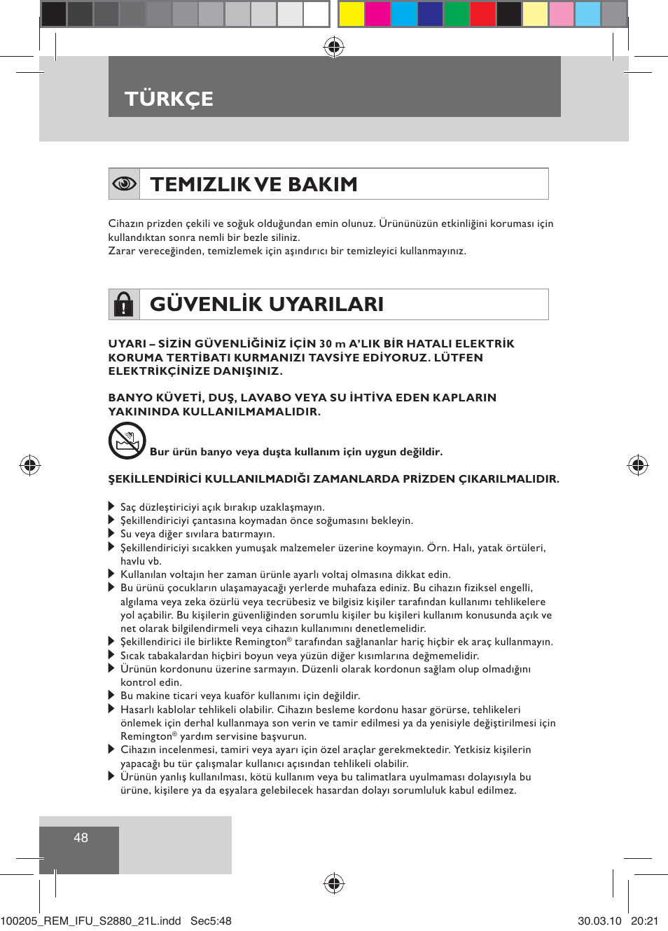 Temizlik ve bakim, Güvenlik uyarilari, Türkçe | Remington S2880 User Manual | Page 50 / 69