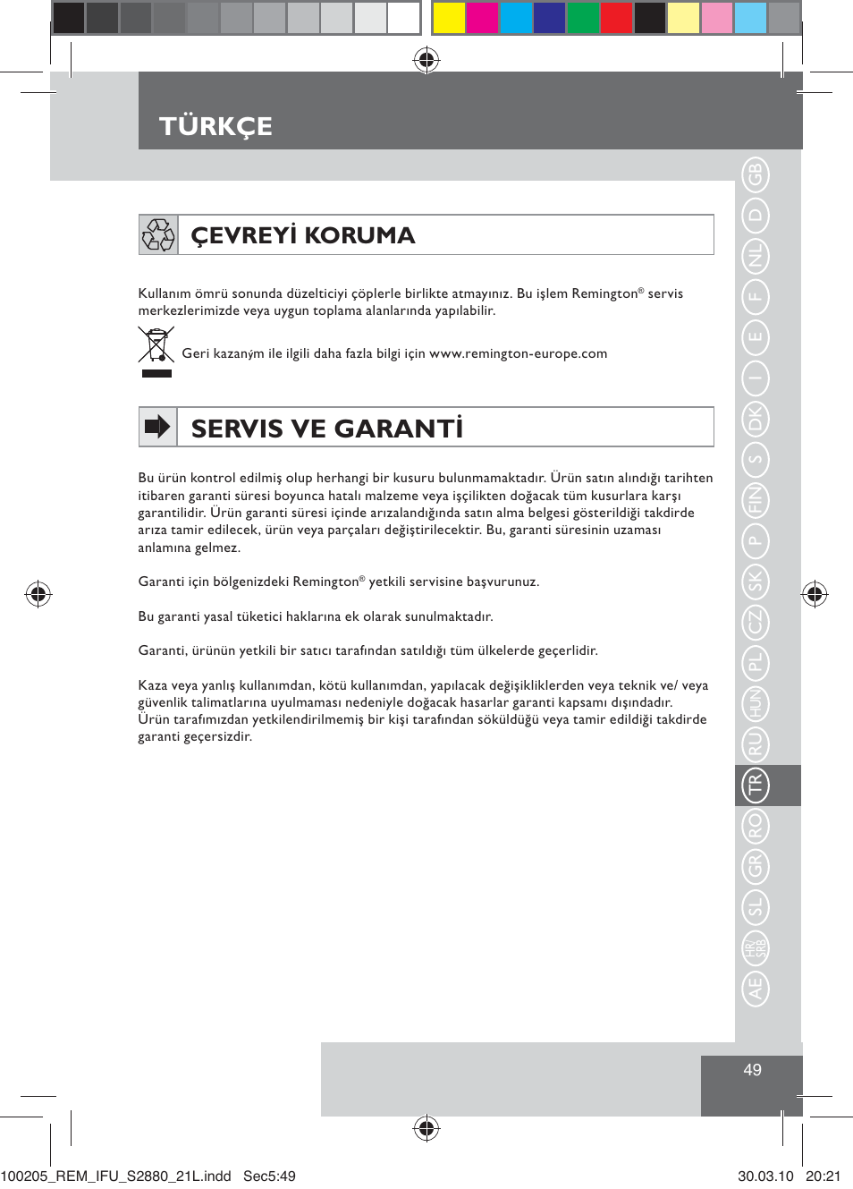 Türkçe, Servis ve garanti, Çevreyi koruma | Remington S2880 User Manual | Page 51 / 69