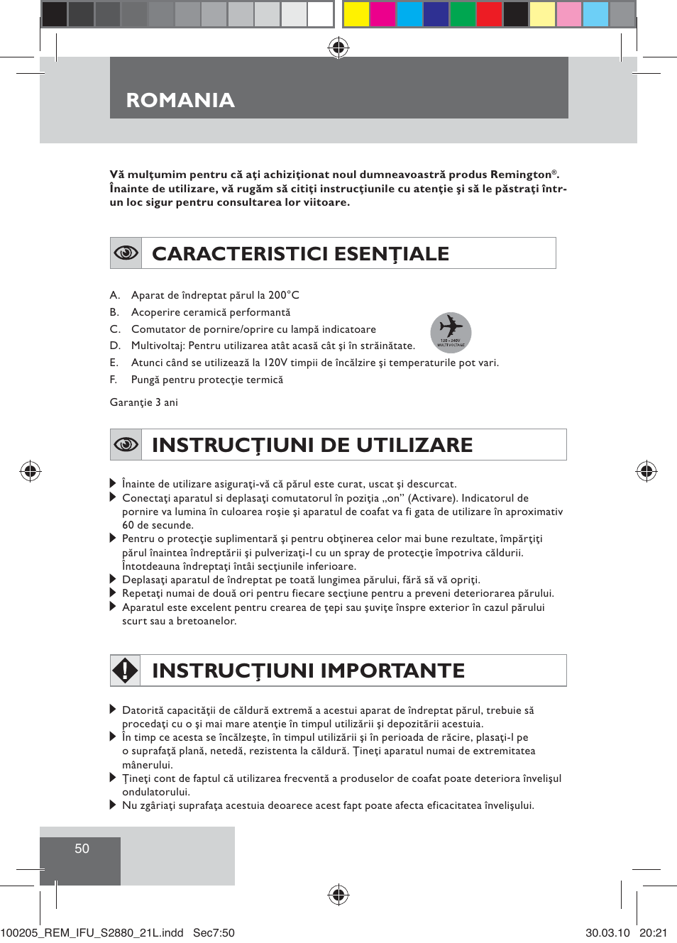 Instrucţiuni de utilizare, Instrucţiuni importante, Romania | Caracteristici esenţiale | Remington S2880 User Manual | Page 52 / 69