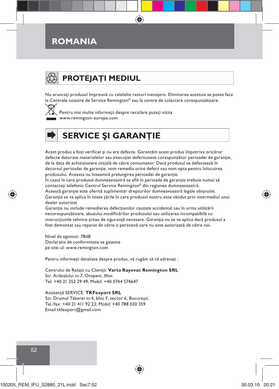 Service şi garanţie, Romania, Protejaţi mediul | Remington S2880 User Manual | Page 54 / 69