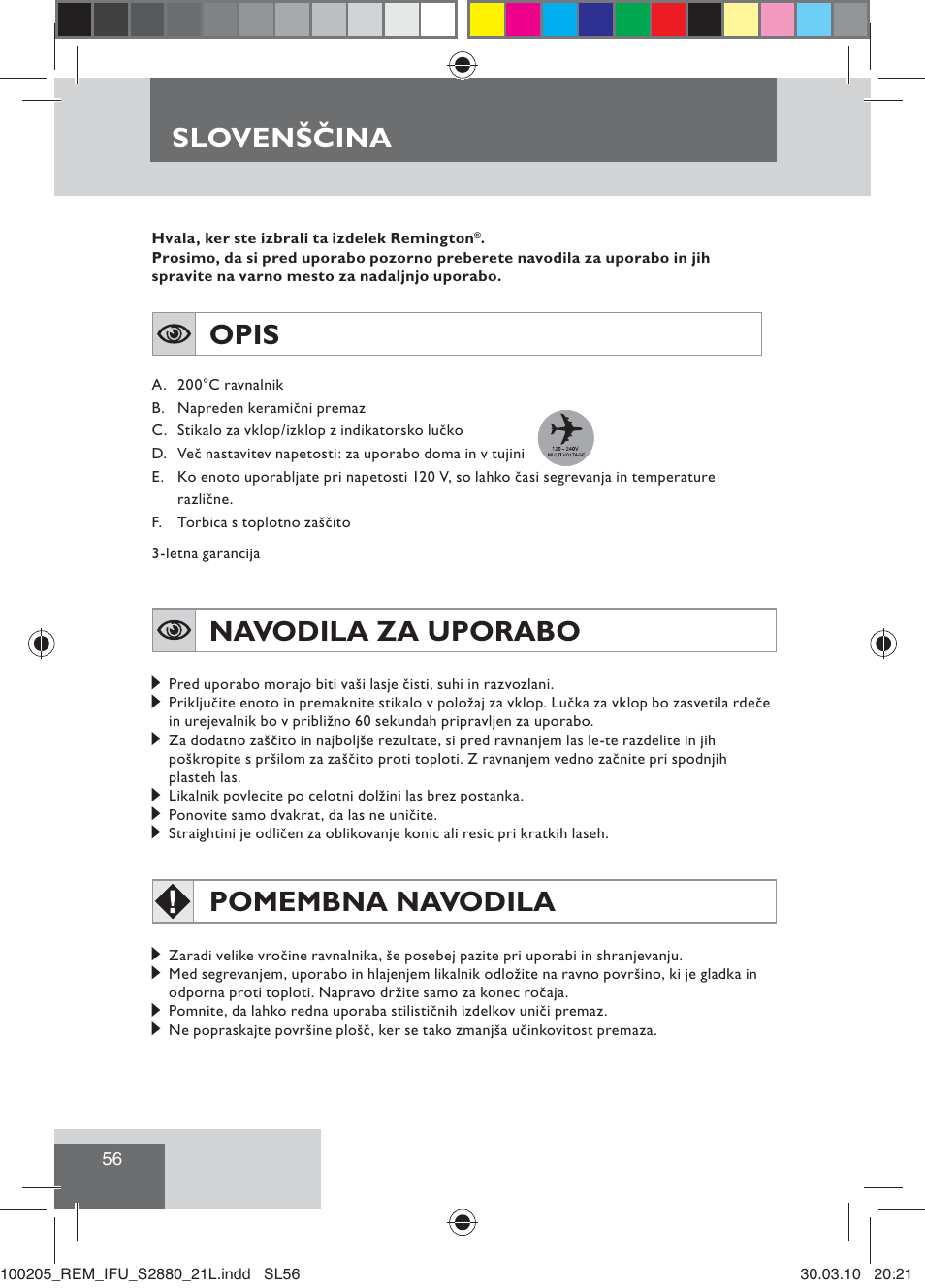 Slovenščina, Opis, Navodila za uporabo | Pomembna navodila | Remington S2880 User Manual | Page 58 / 69