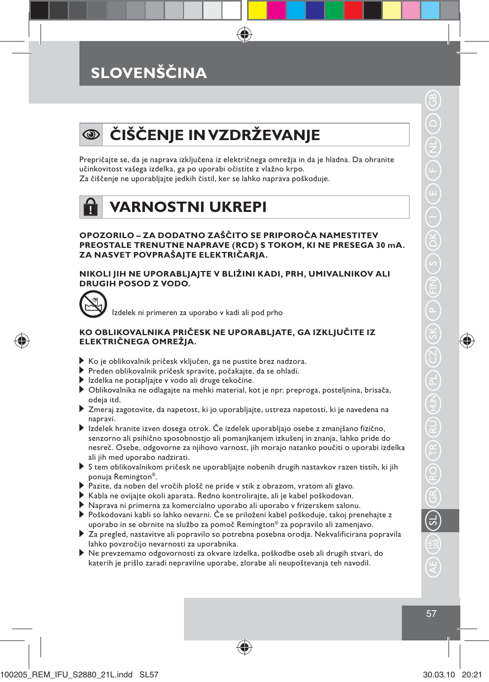 Slovenščina čiščenje in vzdrževanje, Varnostni ukrepi | Remington S2880 User Manual | Page 59 / 69