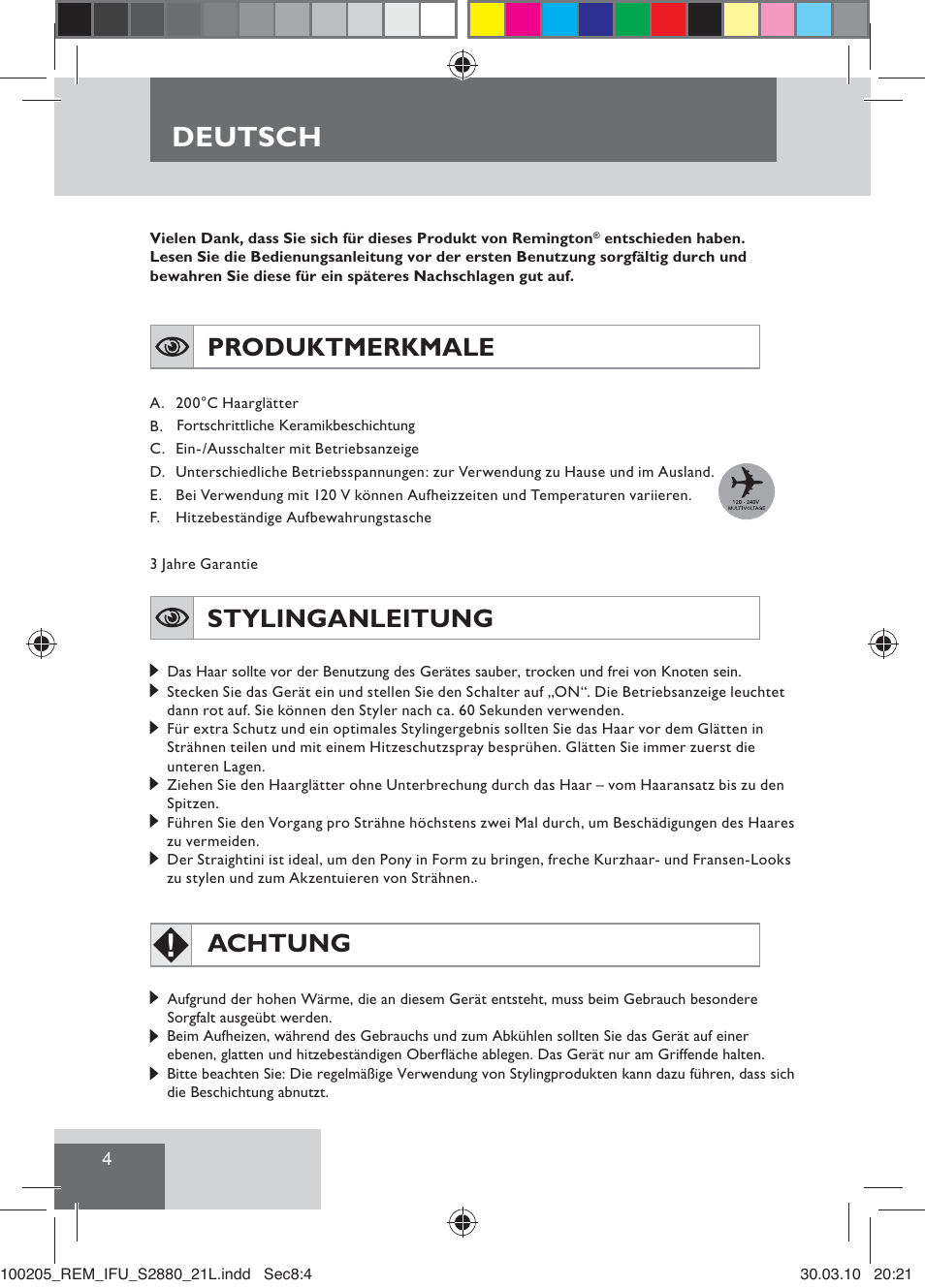 Deutsch, Produktmerkmale, Stylinganleitung | Achtung | Remington S2880 User Manual | Page 6 / 69