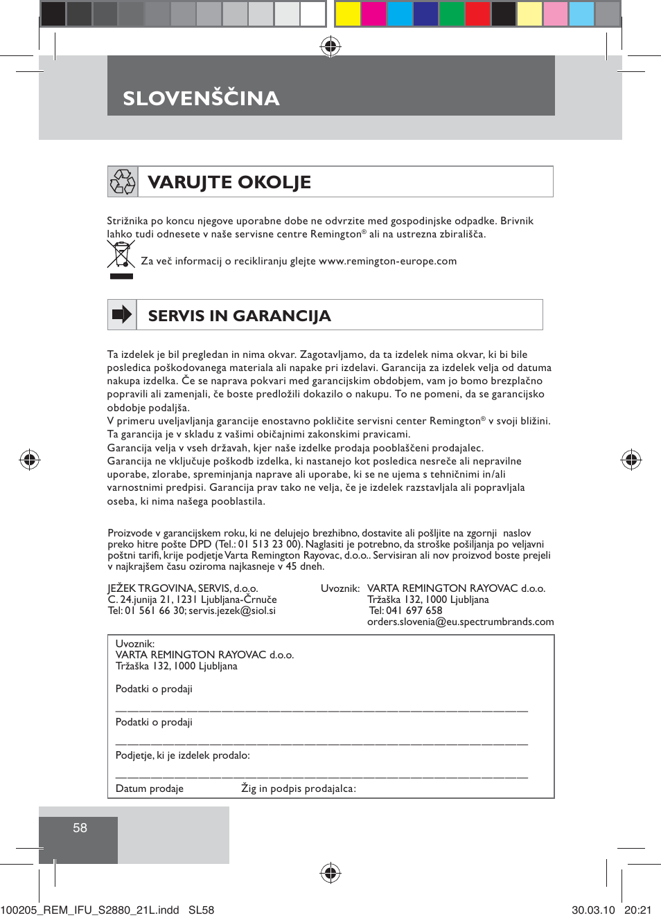 Slovenščina, Varujte okolje, Servis in garancija | Remington S2880 User Manual | Page 60 / 69