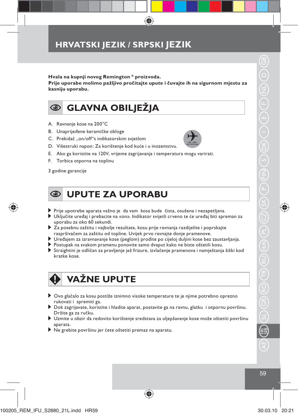 Jezik, Glavna obilježja, Upute za uporabu | Važne upute, Hrvatski jezik / srpski | Remington S2880 User Manual | Page 61 / 69