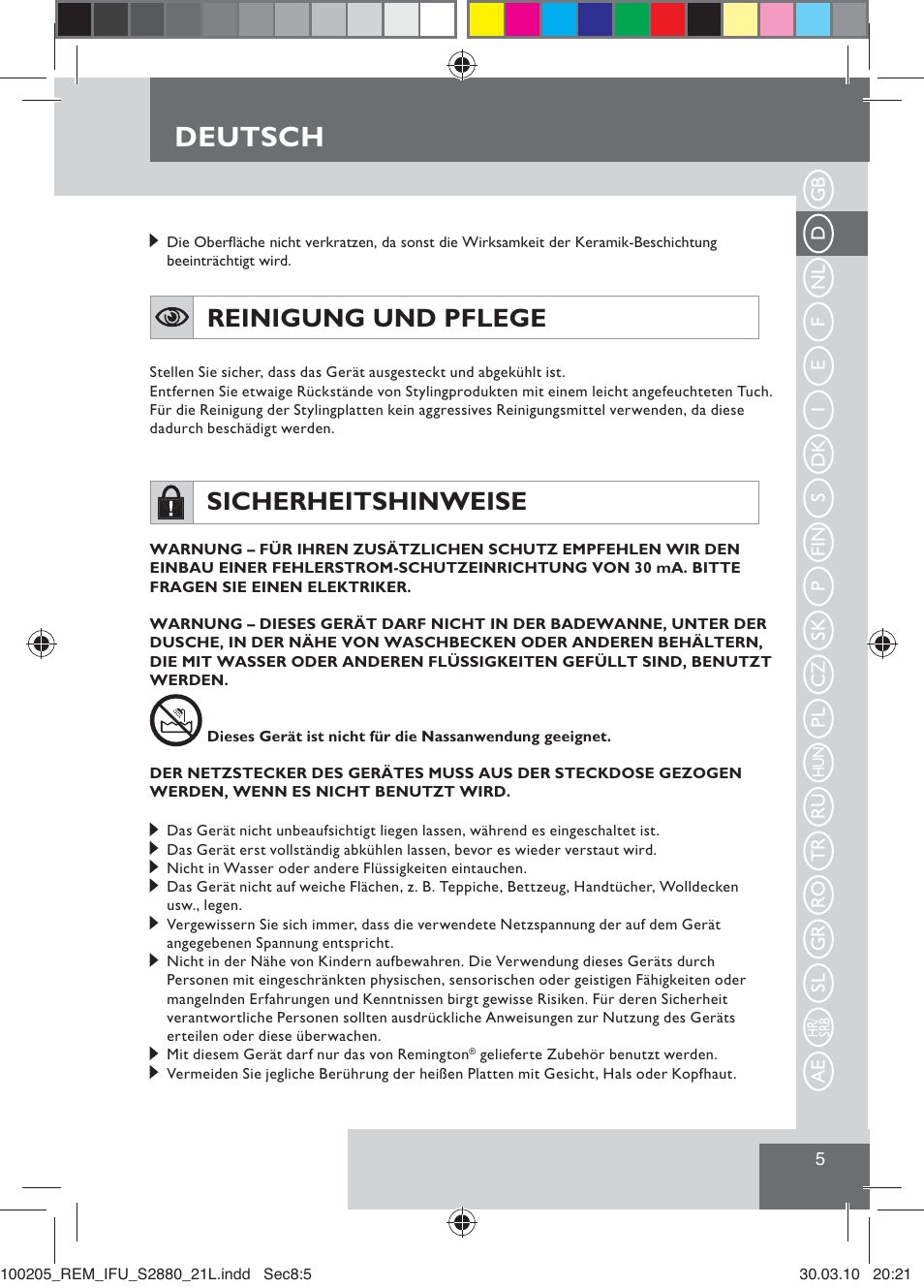 Deutsch, Reinigung und pflege, Sicherheitshinweise | Remington S2880 User Manual | Page 7 / 69