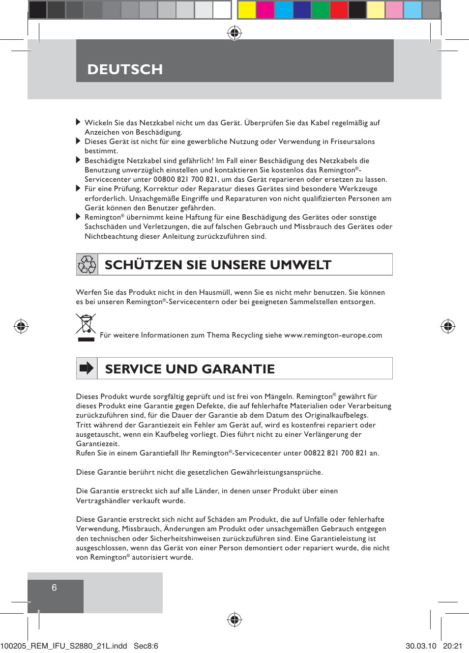 Deutsch, Schützen sie unsere umwelt, Service und garantie | Remington S2880 User Manual | Page 8 / 69