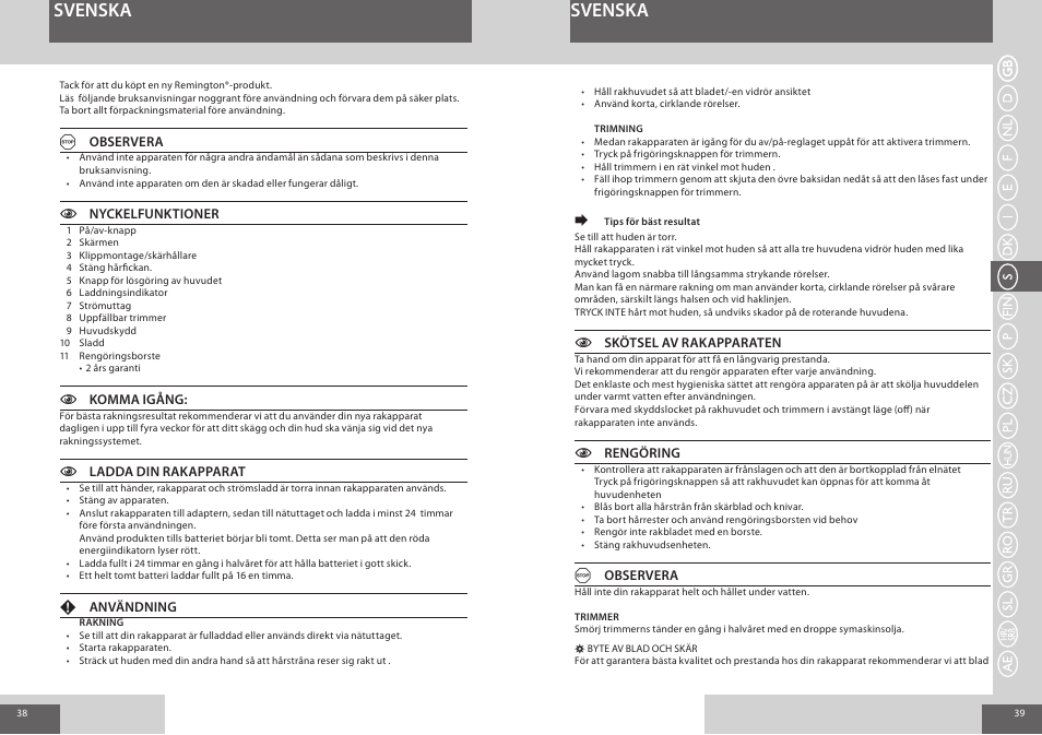 Svenska | Remington F3800 User Manual | Page 20 / 55