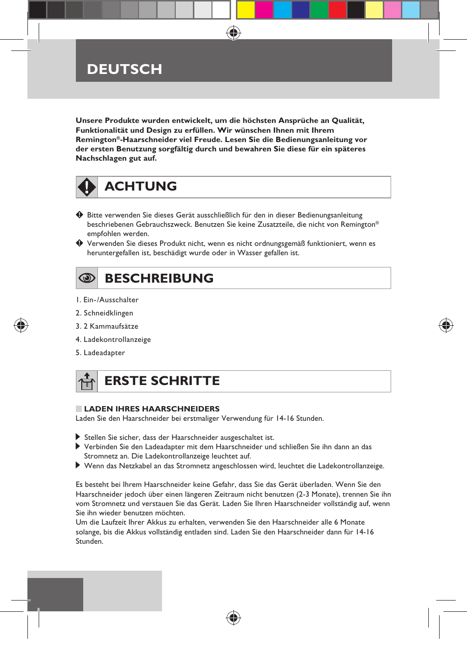 Deutsch, Achtung, Beschreibung | Erste schritte | Remington HC5150 User Manual | Page 10 / 125