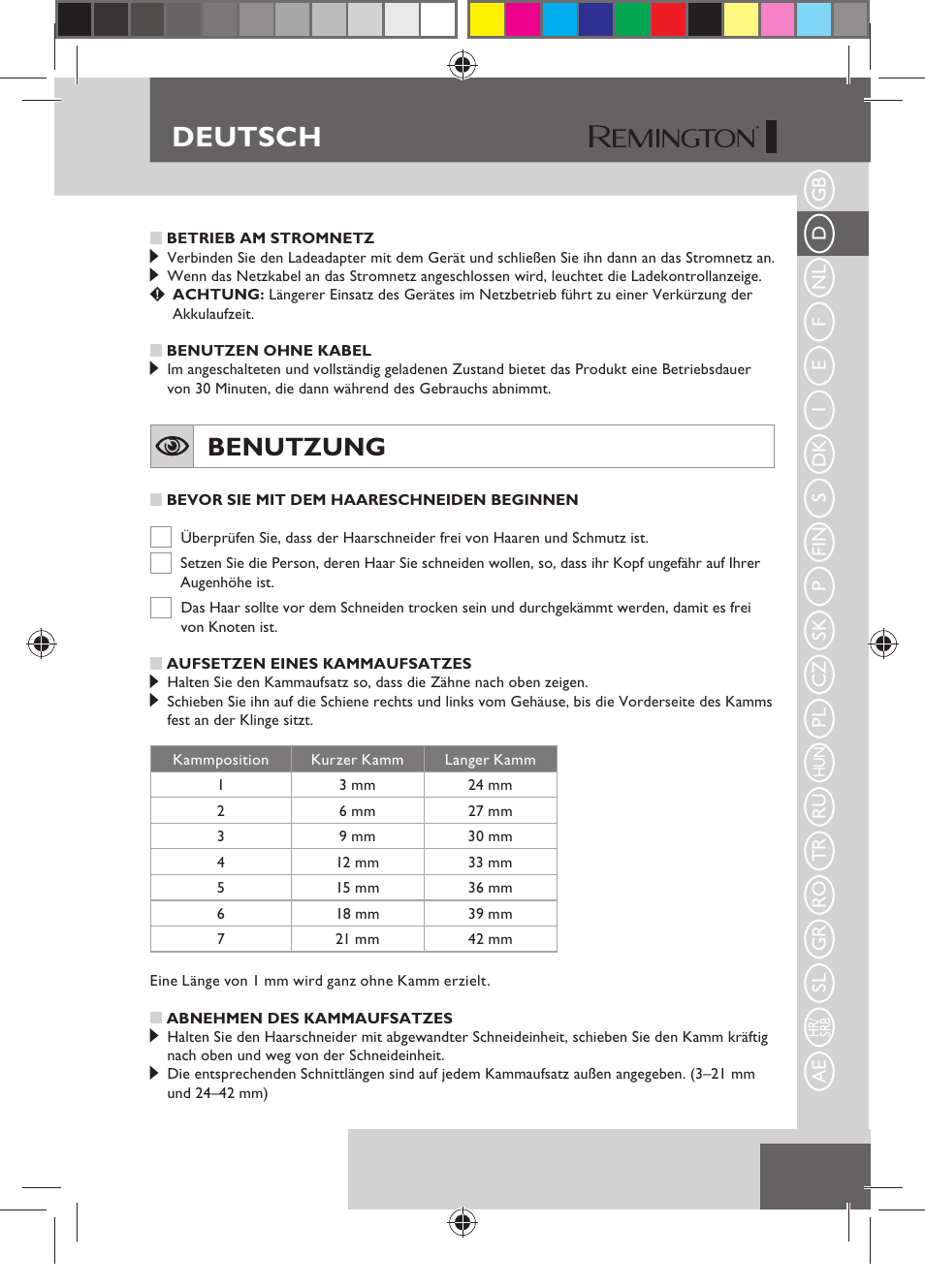 Deutsch, Benutzung | Remington HC5150 User Manual | Page 11 / 125