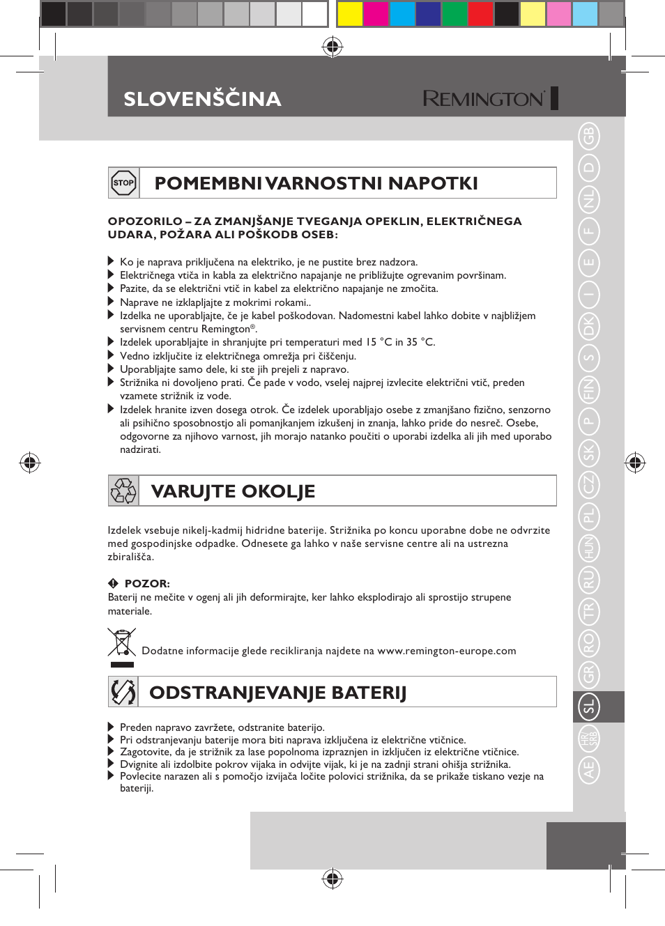 Slovenščina, Pomembni varnostni napotki, Varujte okolje | Odstranjevanje baterij | Remington HC5150 User Manual | Page 111 / 125