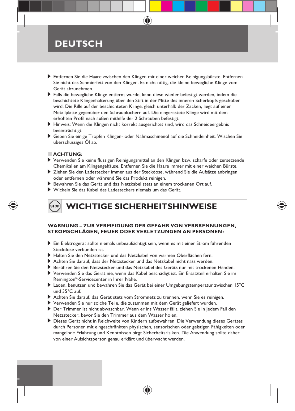 Deutsch, Wichtige sicherheitshinweise | Remington HC5150 User Manual | Page 14 / 125