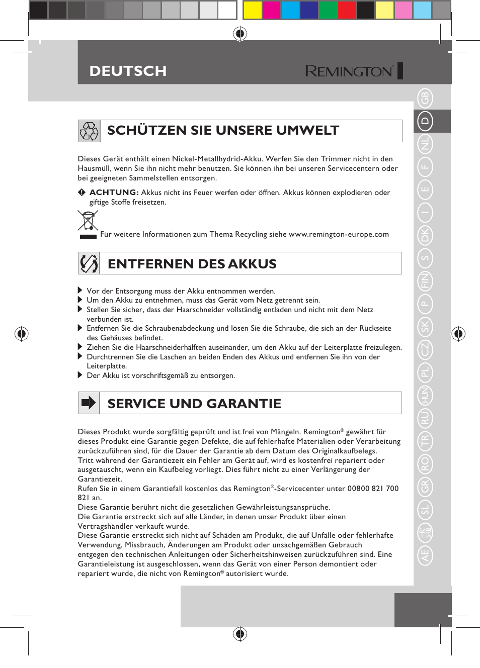 Deutsch, Schützen sie unsere umwelt, Entfernen des akkus | Service und garantie | Remington HC5150 User Manual | Page 15 / 125