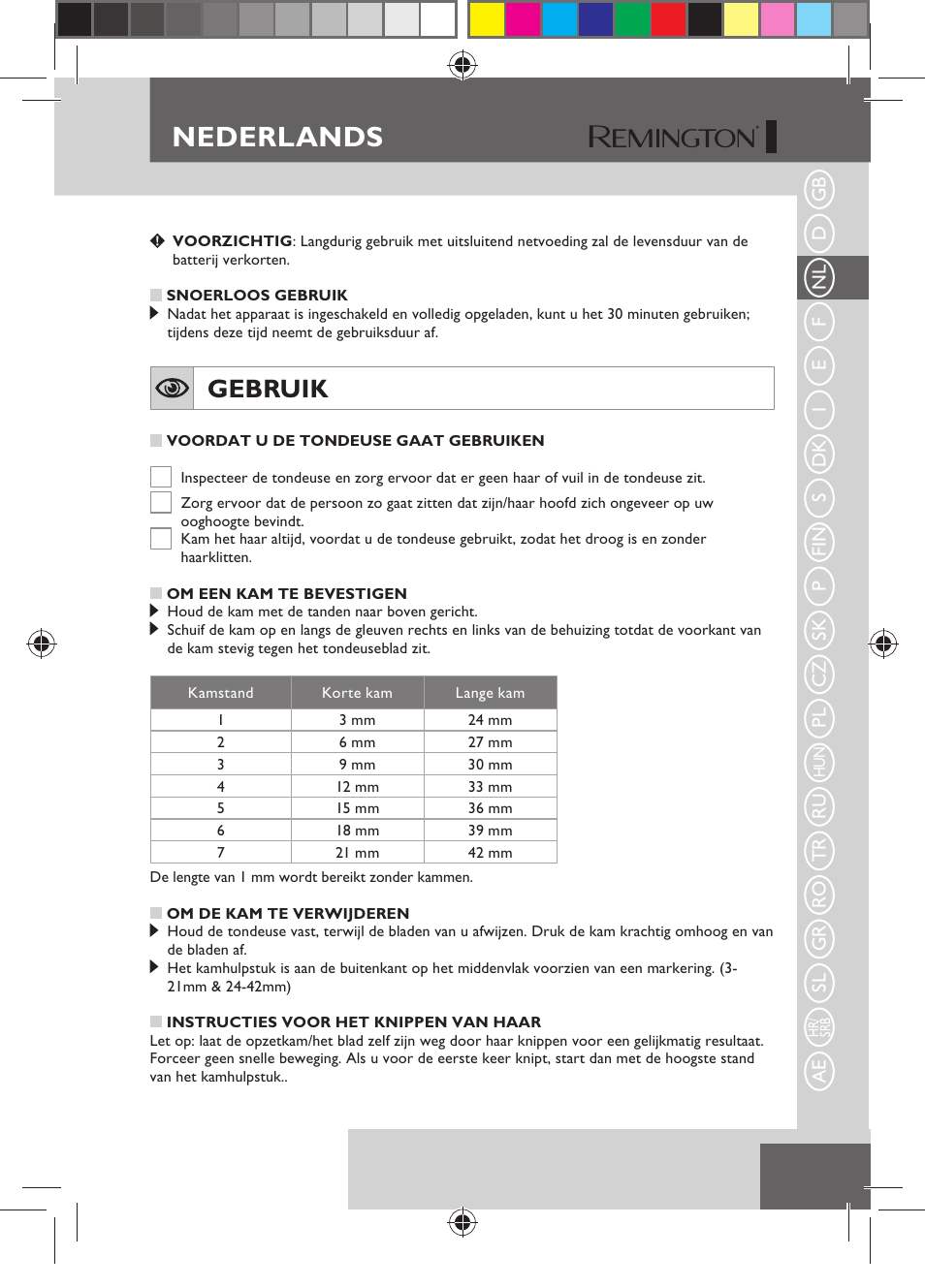 Nederlands, Gebruik | Remington HC5150 User Manual | Page 17 / 125
