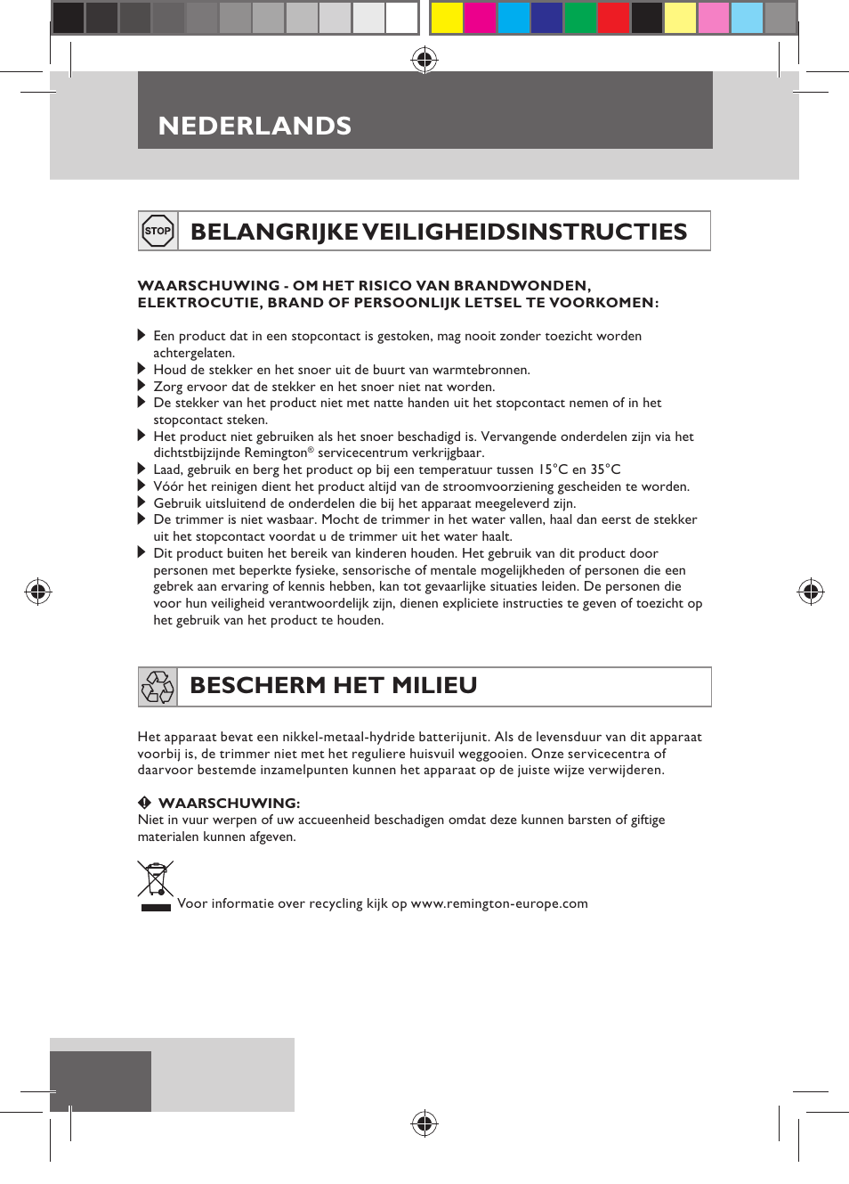 Nederlands, Belangrijke veiligheidsinstructies, Bescherm het milieu | Remington HC5150 User Manual | Page 20 / 125