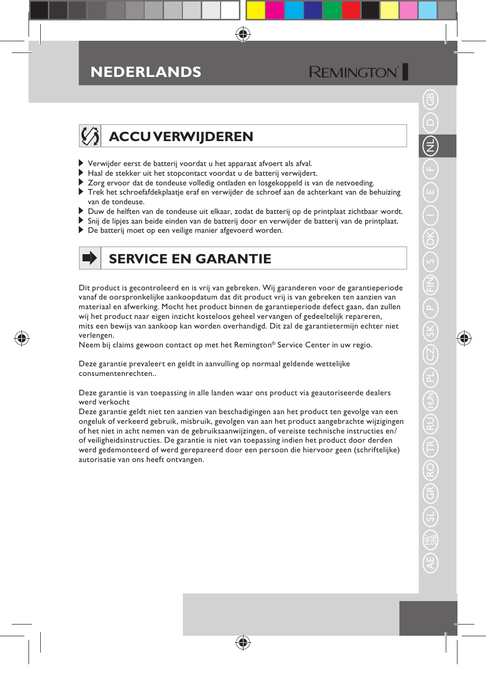 Nederlands, Accu verwijderen, Service en garantie | Remington HC5150 User Manual | Page 21 / 125